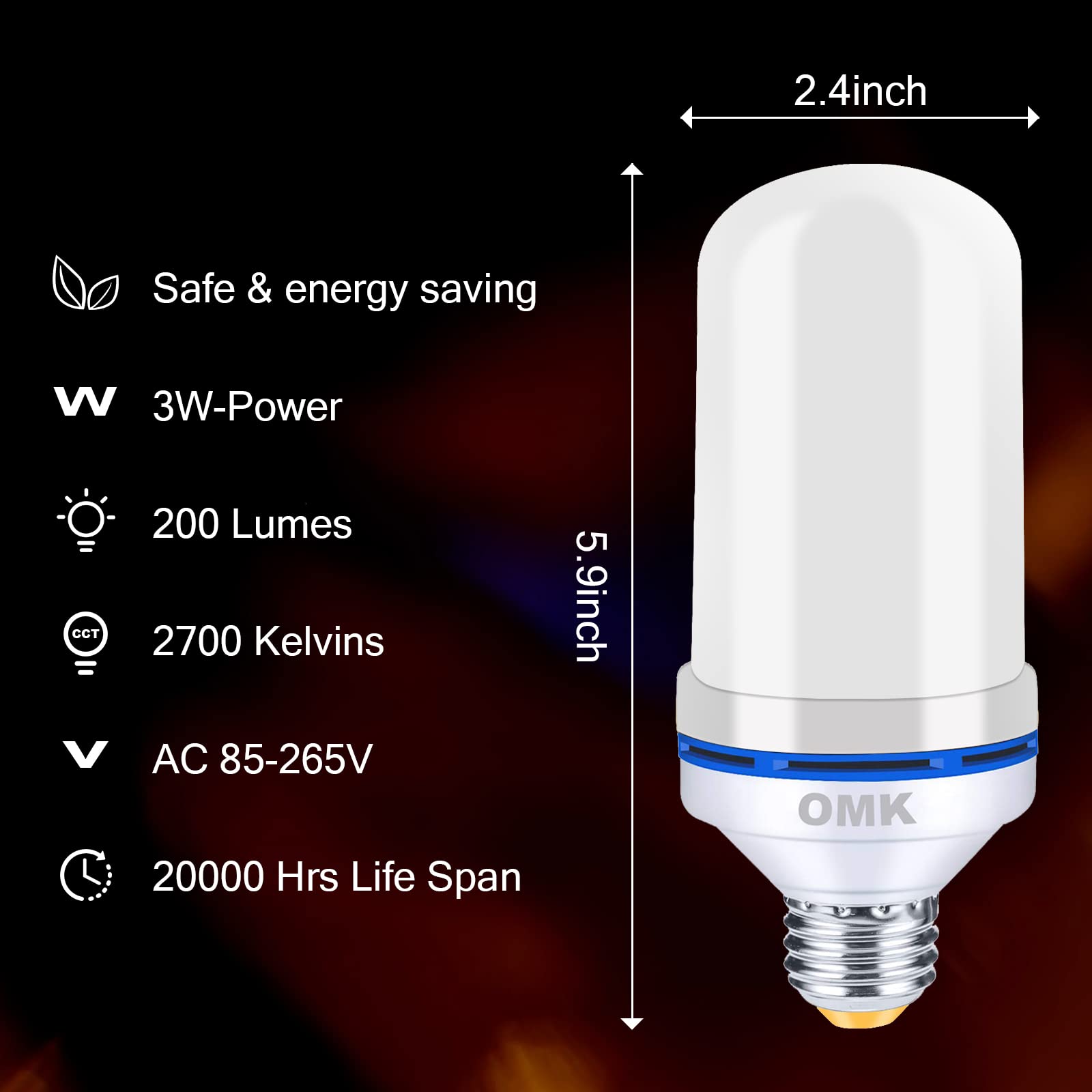 OMK LED Flame Effect Light Bulb, 1 Pack, Orange, Energy Efficient, Model FL96-OG, Decorative Lighting for Home and Holiday Use