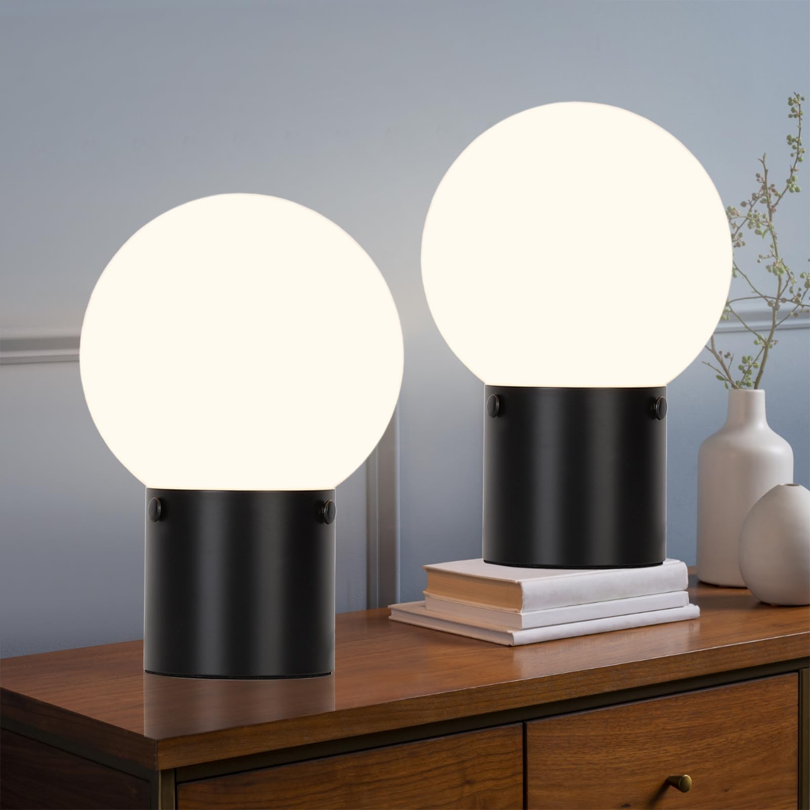 Somniferous Small Table Lamps Set Of 2, Black Table Lamp With Frosted Glass Globe Shade, Mid Century Modern Bedside Lamps, Nightstand Lamps For Bedroom Living Room Dorm