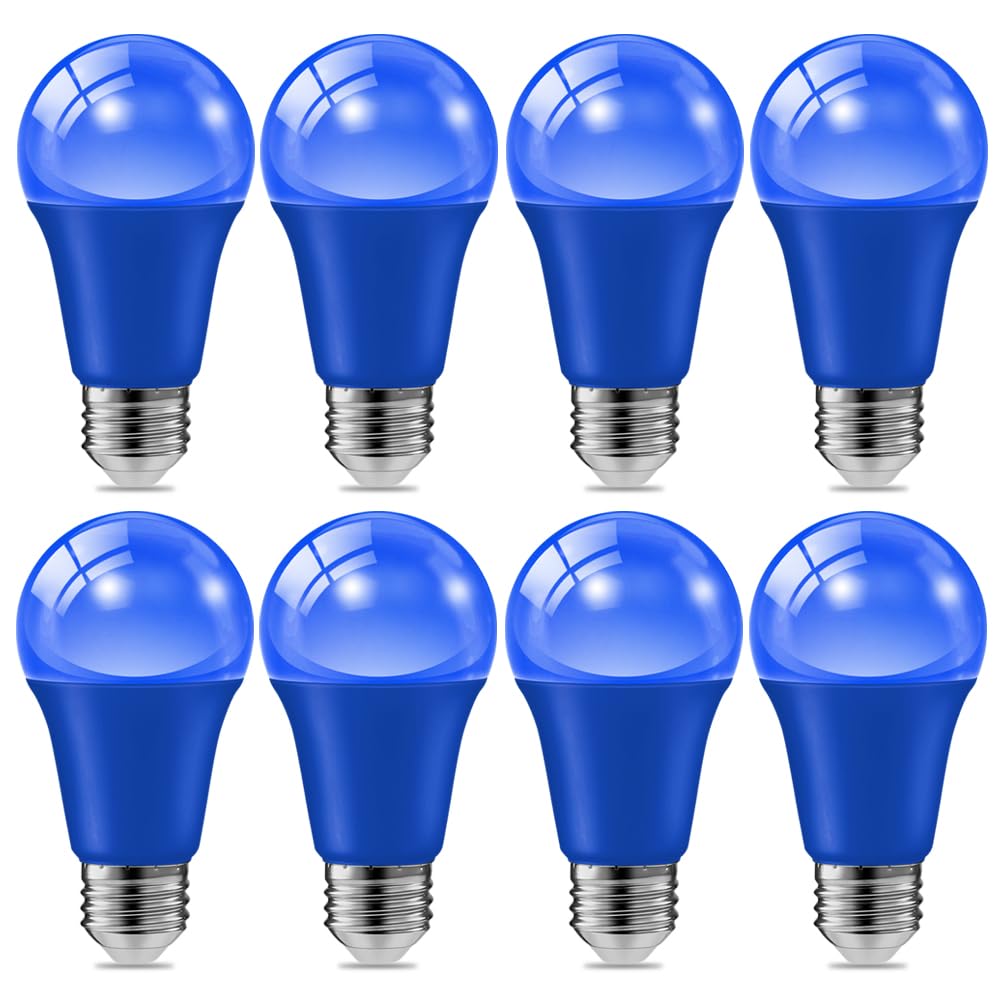 8 Pack 9W (60W Equivalent) 120V E26 Base A19 LED Colored Light Bulb, Blue LED Lights for Party Christmas Decor and Halloween Lig
