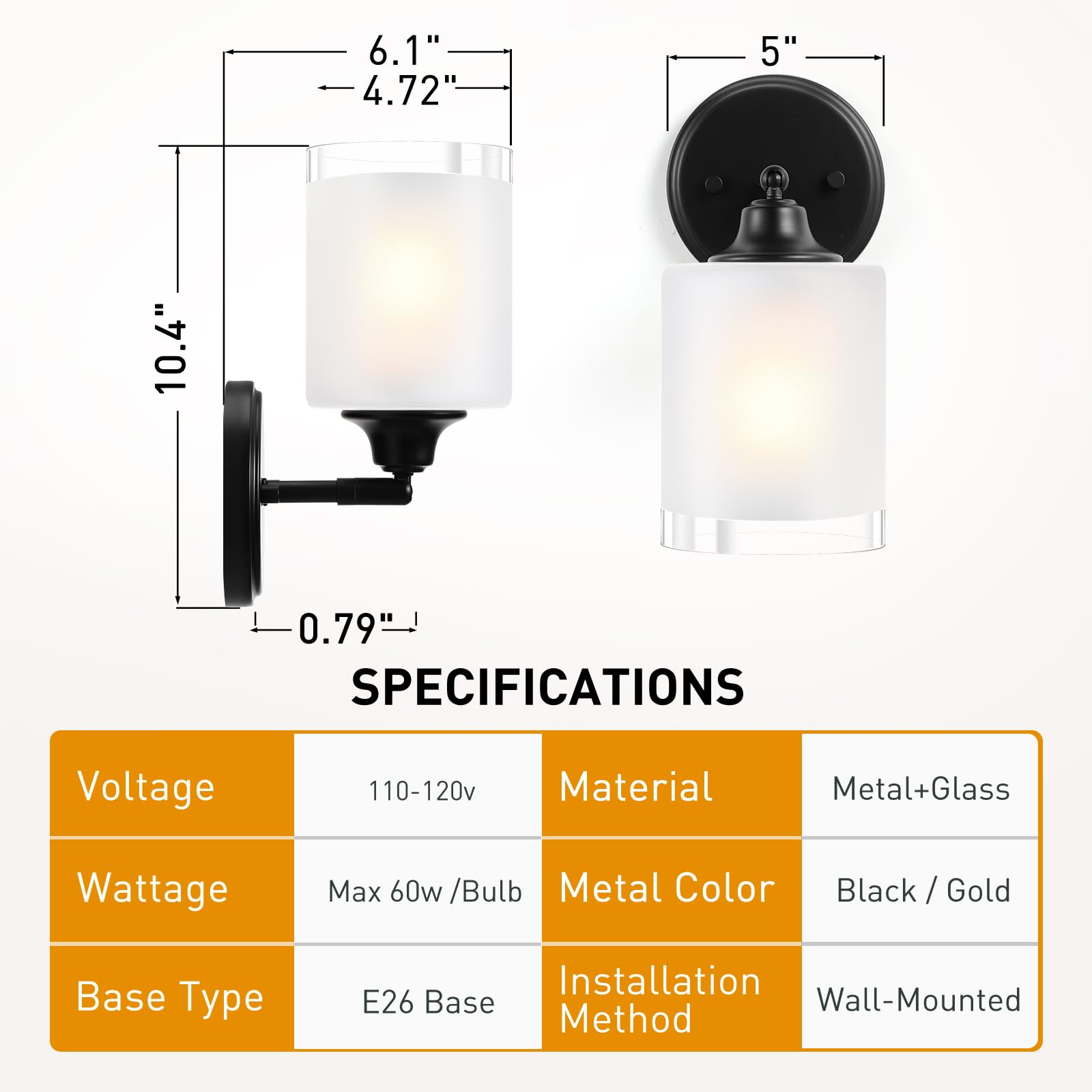 XIFEINIU Wall Sconces Set of 2, Frosted Glass Shade, Modern Matte Black, E26 Base, Bathroom/Bedroom Vanity Lights, Model LV24H58-B
