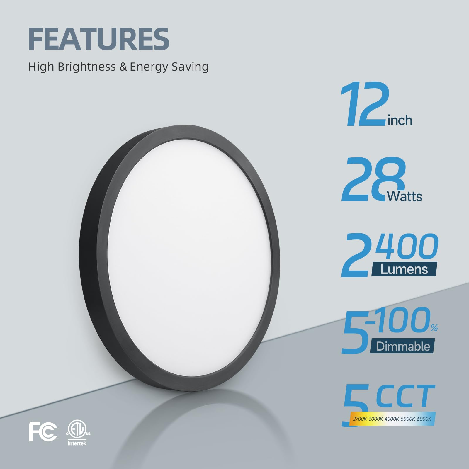 Ecoeler 12Inch Black Led Flush Mount Ceiling Light  5Cct Selectable Surface Mount Flat Panel Light  28W 2400Lm  Dimmable Low Profile Lighting Fixture For Kitchen  Bedroom  Laundry  Etl Listed