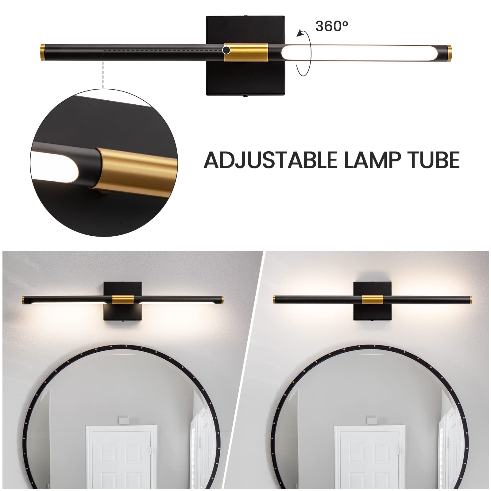 Faziyo 24" Black Gold LED Vanity Light Fixture for Bathroom & Mirror, Model 8043, Metal Sconce, Modern Design