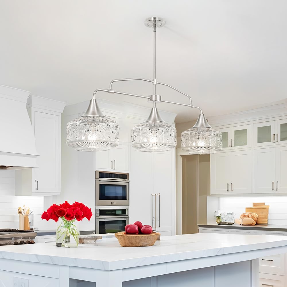3-Light Island Light For Kitchen  Adjustable Farmhouse Kitchen Island Lighting With Clear Glass  Brushed Nickel Dining Room Light Fixture Over Table  Linear Chandelier Pendant Lighting Over Sink