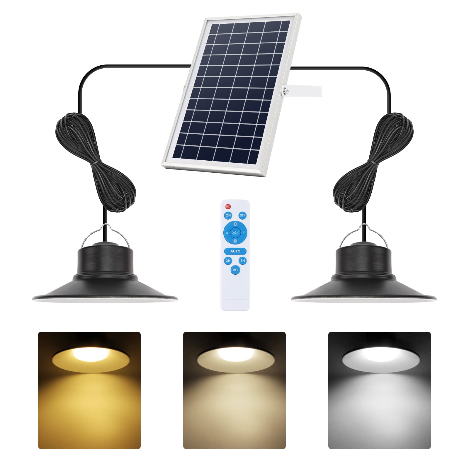 NIORSUN Solar Indoor Lights Outdoor, LED Solar Pendant Lights 3 Color Dimmable Lighting with Remote Control, Gazebo Lights,2x16.