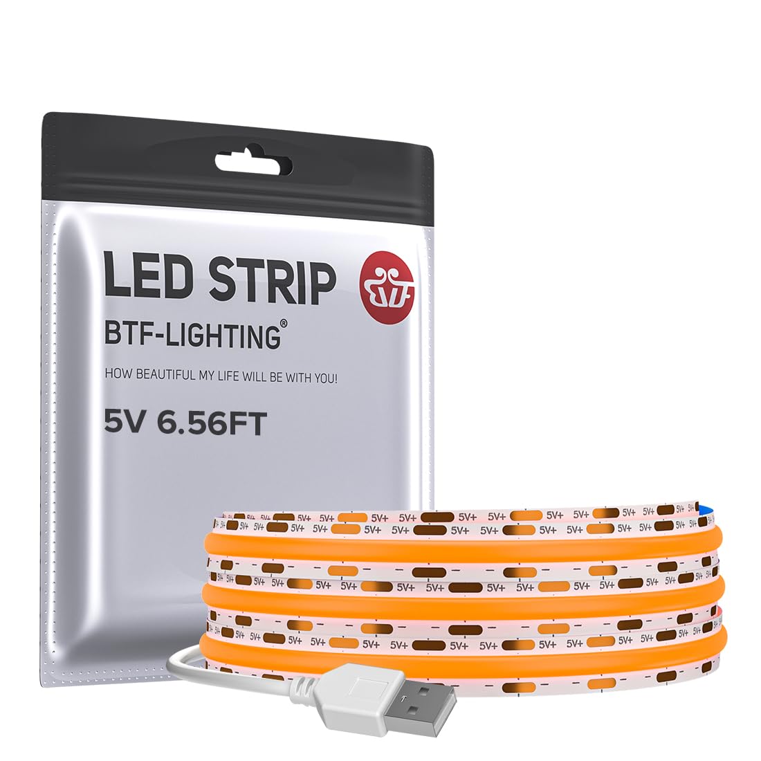 Btf-Lighting Fcob Usb Powered Orange Color Cob Led Strip Lights 6.56Ft 640Leds 5V 8Mm Width 90+ High Cri Ultra Bright Flexible Light For 3D Printer Tv Backlight Display Cabinet Pc Diy Decor