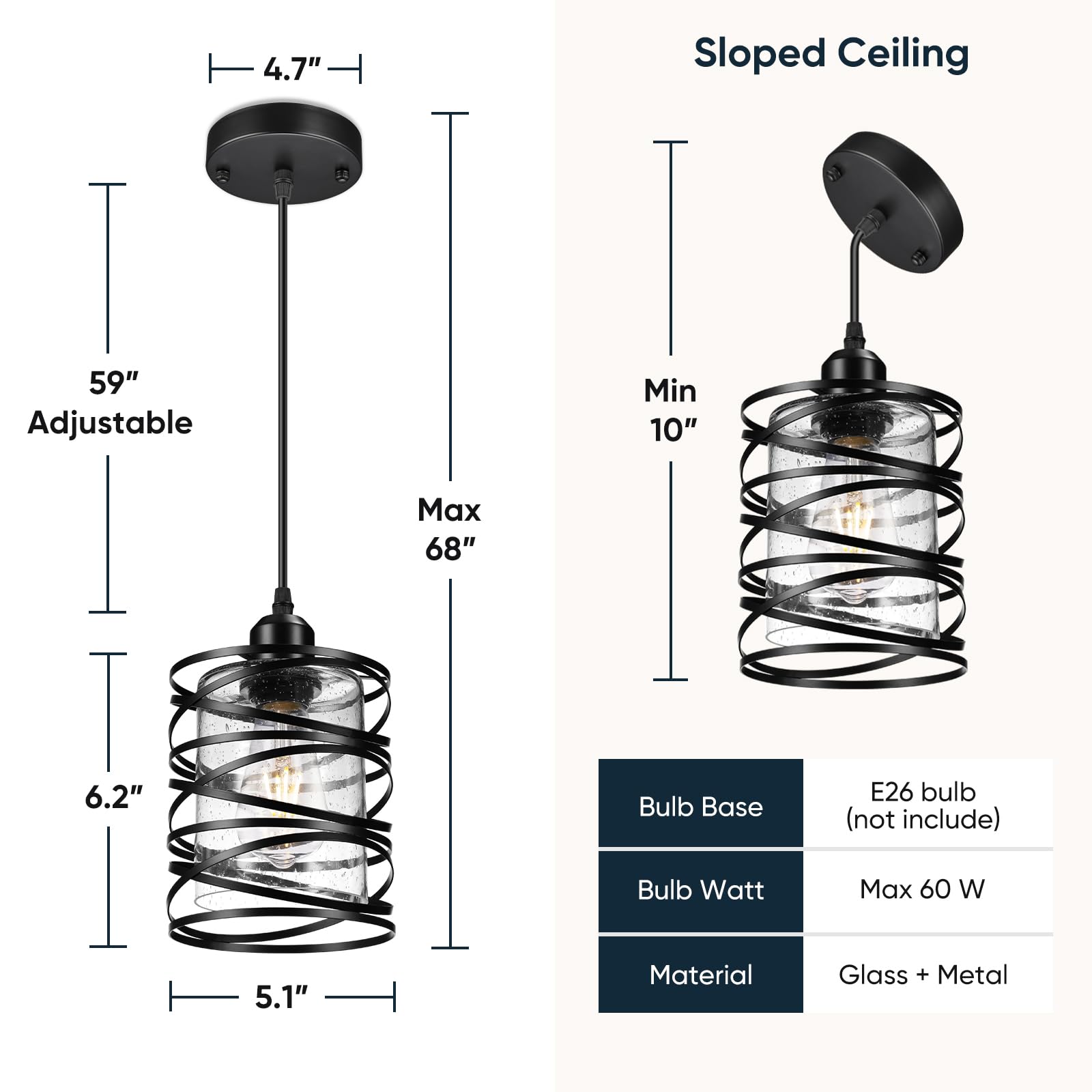 Glitnous 3-Pack Industrial Pendant Lights, Black Seeded Glass, Adjustable Kitchen Lighting, Model BE6110