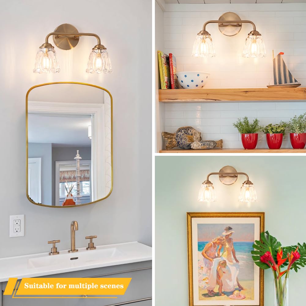 Daunton Vintage Brass Vanity Light, 2-Light Bathroom Lighting Fixtures Over Mirror, Elegant Vanity Lighting For Bathroom With Cl
