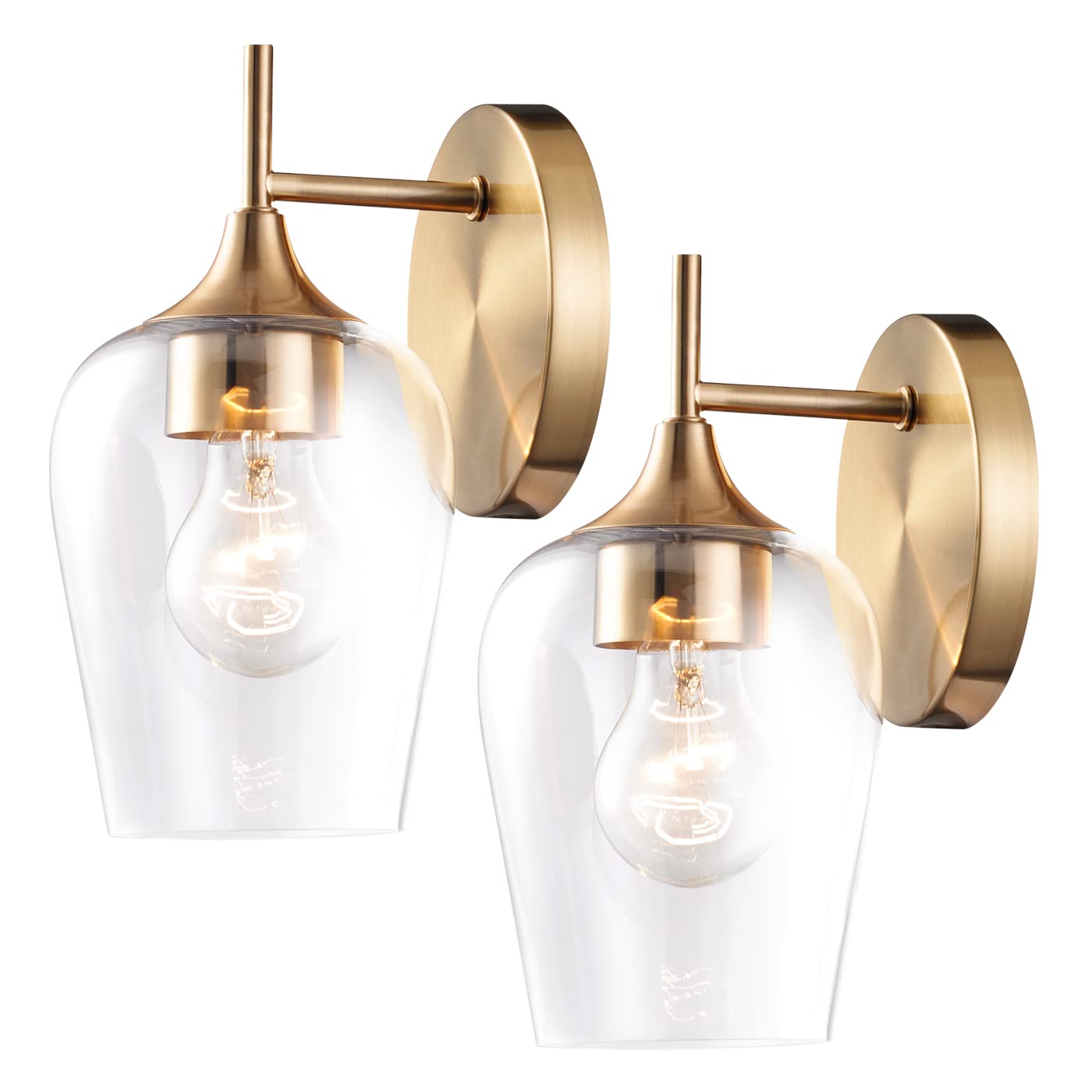 Hamilyeah Gold Wall Sconces Set Of 2, Modern Vintage Brass Lighting With Clear Champagne Glass Shade For Bathroom, Bedroom, Kitchen