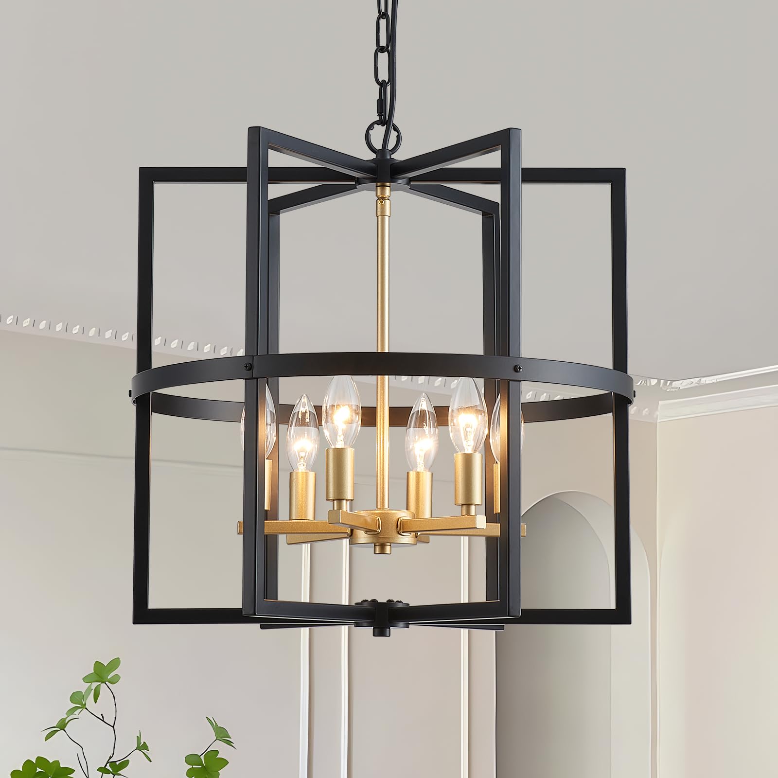 peskoe Black and Gold Chandelier 6-Light 18 Inch Dining Room Light Fixture Geometric Metal Modern Pendant Lighting for Kitchen I