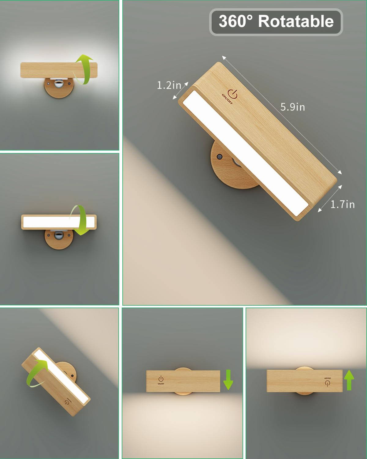 YiLaie Wall Sconces - Rechargeable Wireless Dimmable Wood Lamps, 2 Pack Touch Control, Beechwood Finish, Model EL-US-001