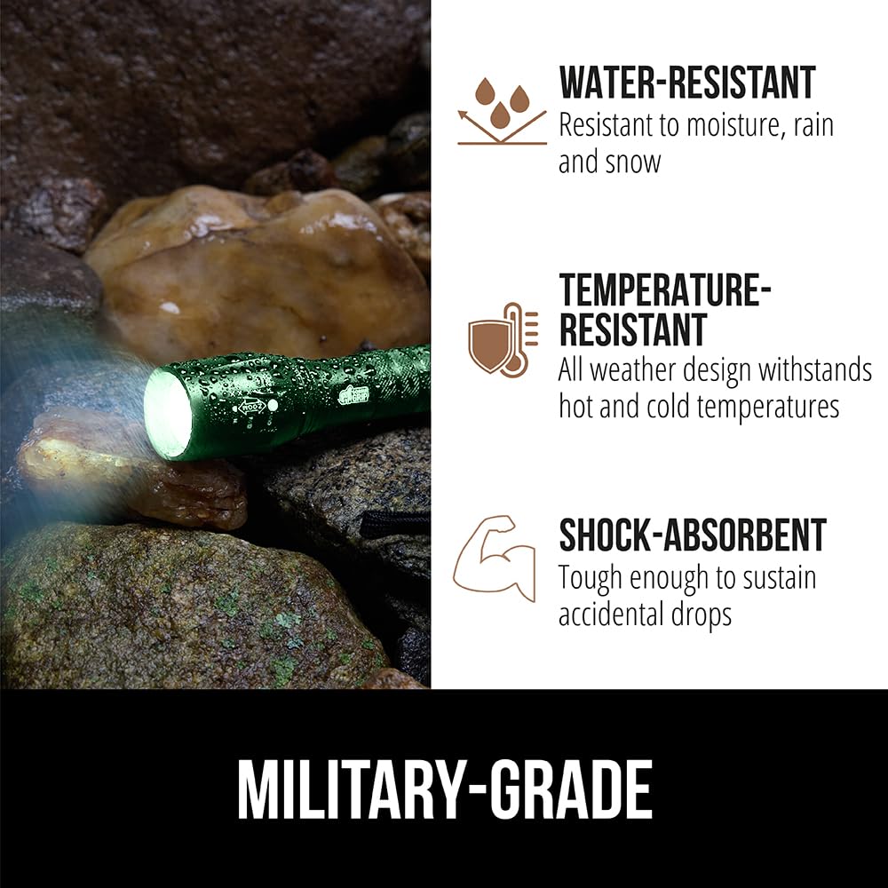 Gorilla Grip LED Tactical Handheld Flashlight, 750 FT Zoom, 5 Modes, Water Resistant, Metal, Hunter Green, Model 840029684931