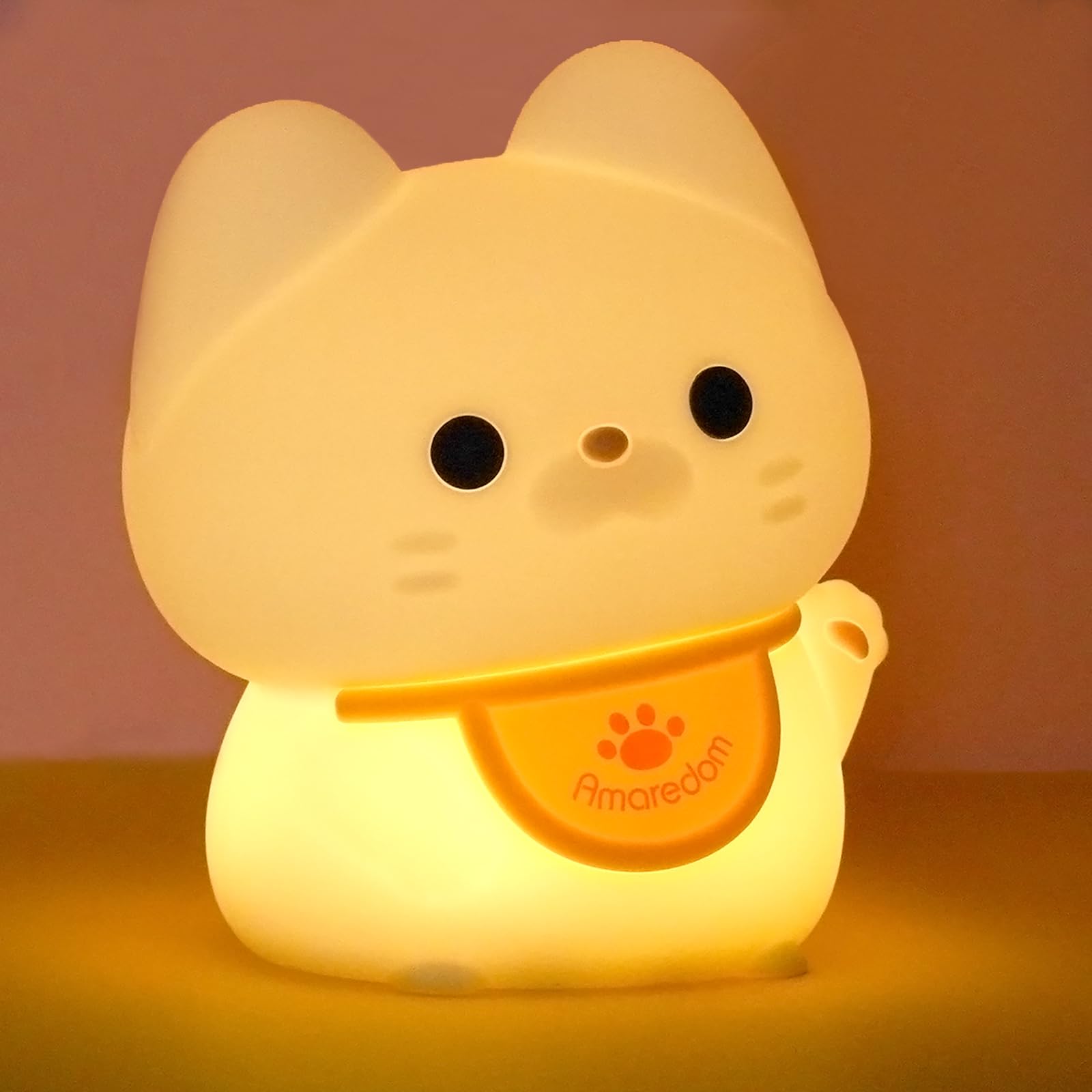 Amaredom Waving Kitten Night Light, Cute Cat Lamp, Silicone Dimmable Nursery Nightlight, Rechargeable LED Bedside Lamp with 20 M