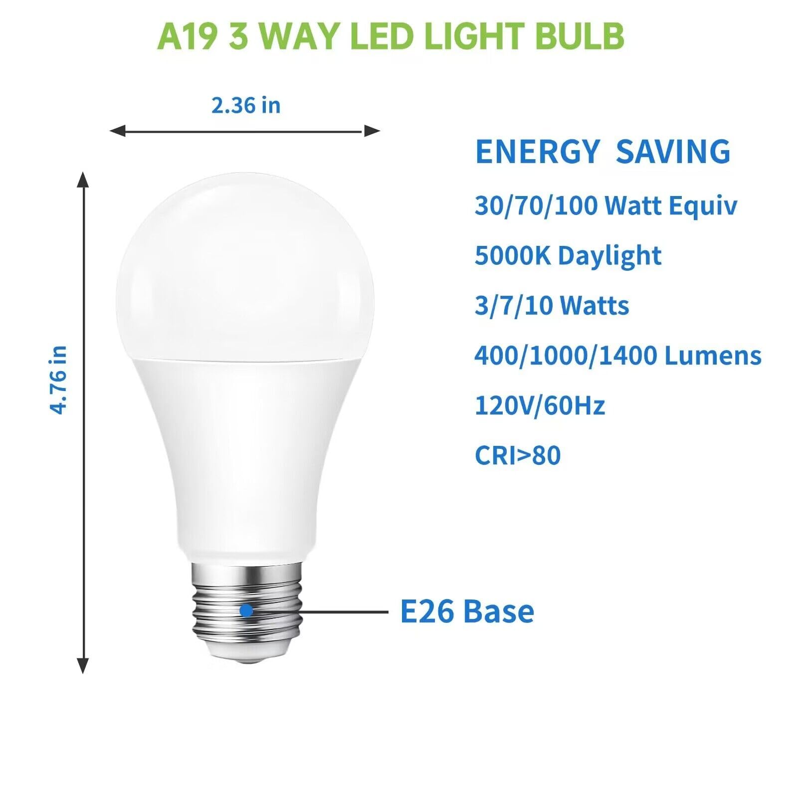 Vvh Ul Listed 4-Pack 3 Way Bulb 30 70 100W Equivalent Light Bulb,Daylight,Three Way A19 Led Bulb E26 Base For Bedroom,Living Room,Kitchen