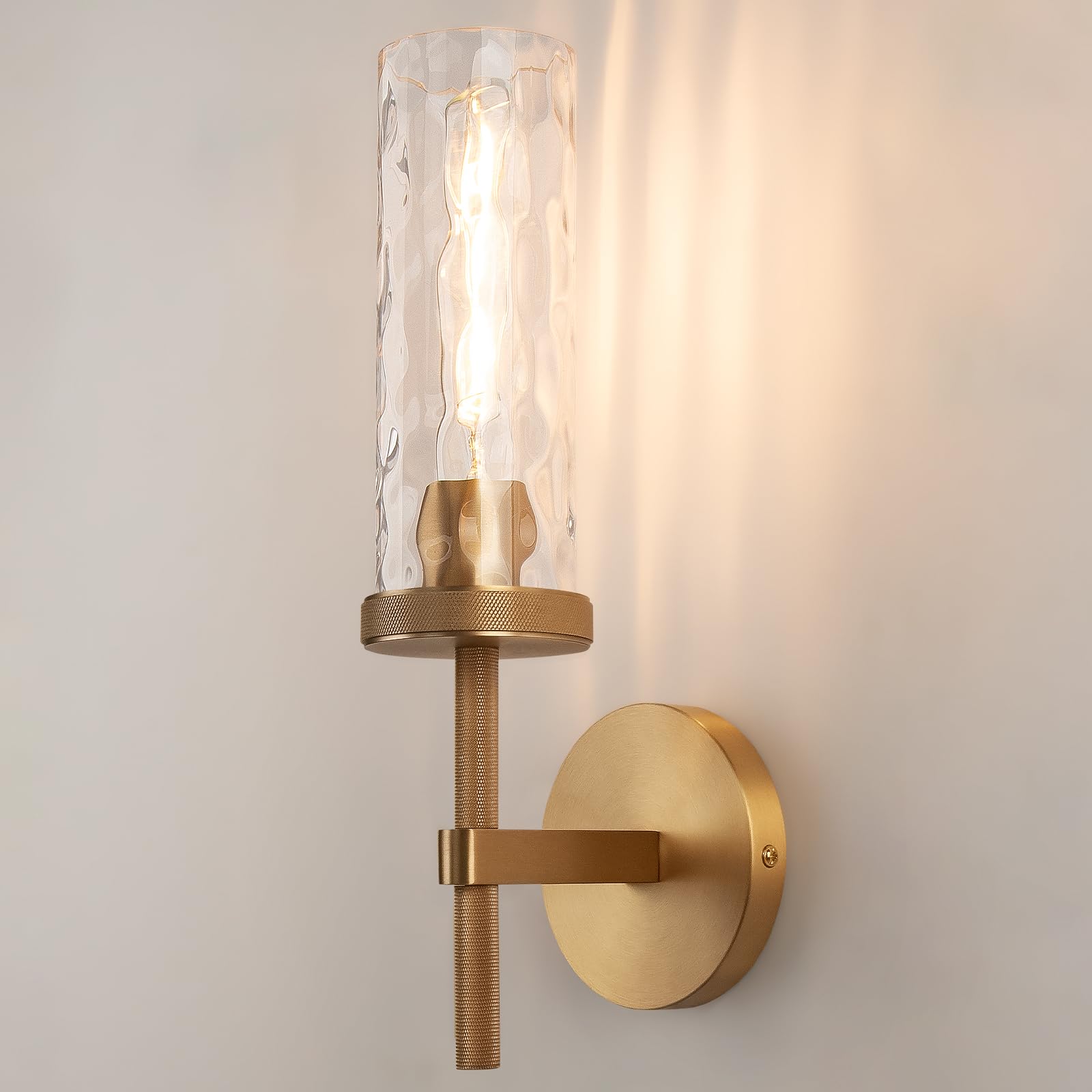 Vookea 15 Knurled Brass Wall Sconce with Water Ripples Glass Tube, Gold Bathroom Vanity Light Fixtures, Modern Lamp Lighting for