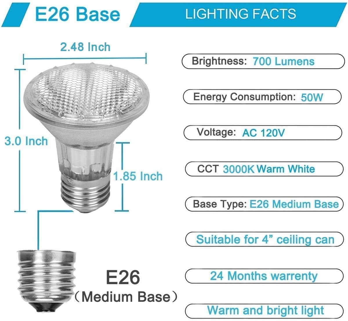 Vinaco PAR20 50W Halogen Floodlight Bulb 2-Pack, Warm White 3000K, Dimmable, Glass, Ideal for Track & Recessed Lighting