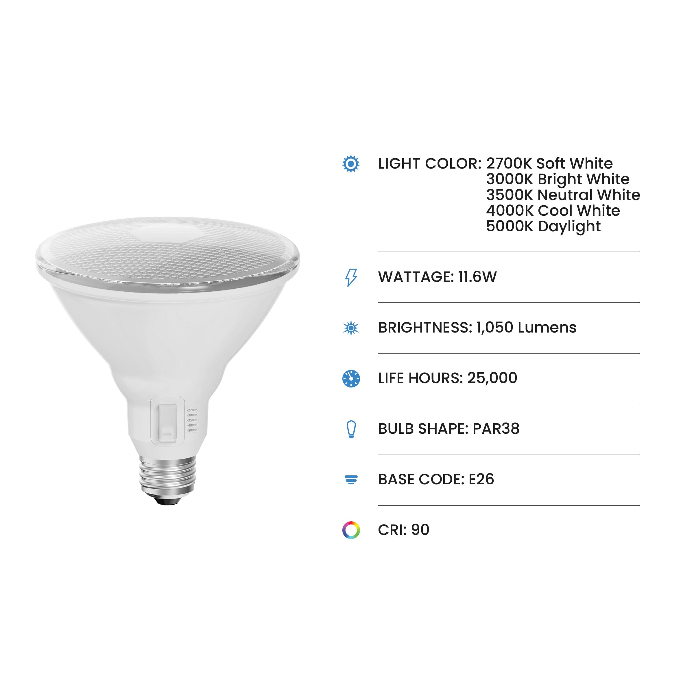 Feit Electric Par38 Led Flood Light Bulb With Dusk To Dawn Sensor, 1050 Lumens, 11.6W (100W Equivalent), 5-Color Adjustable Whit