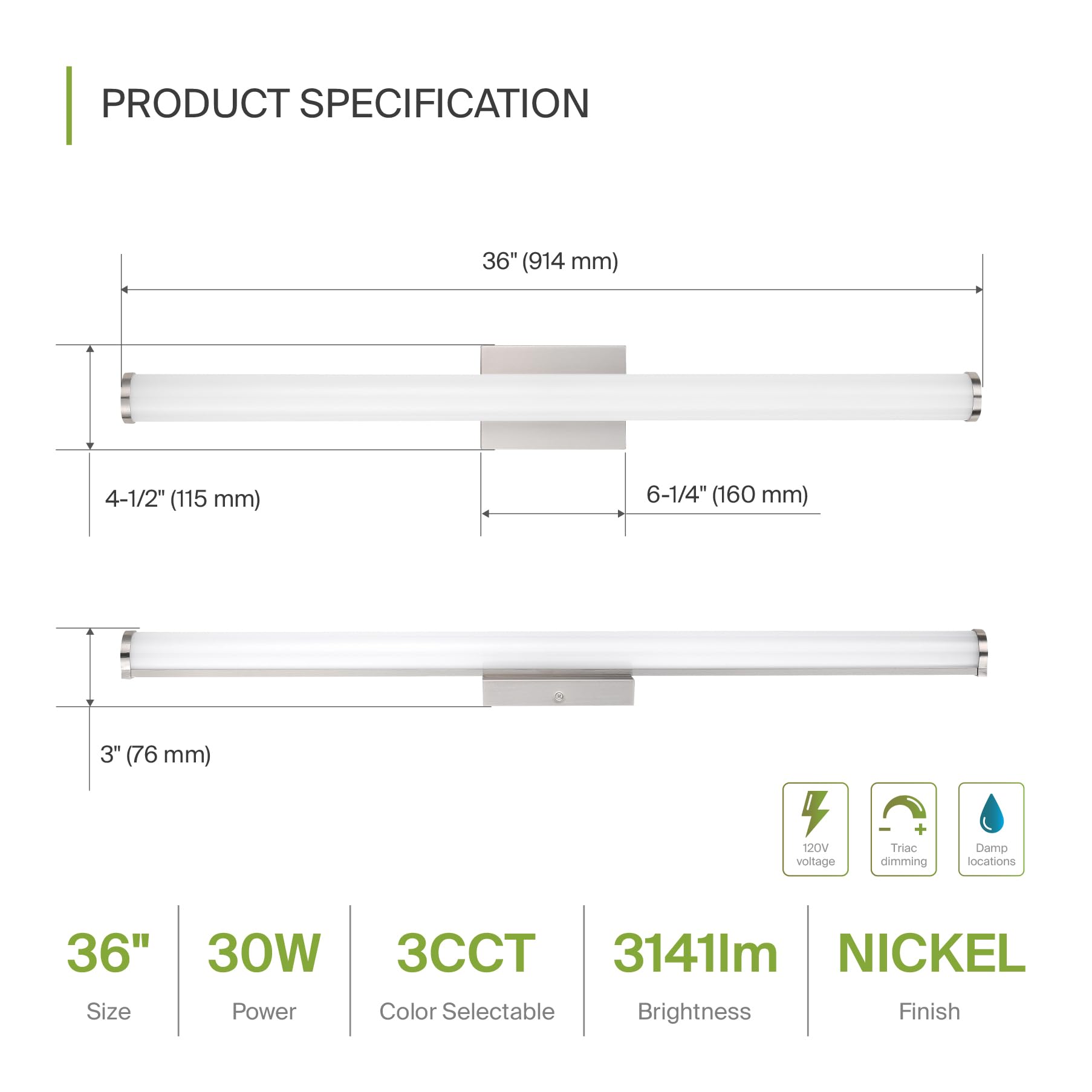 ASD LED Wall Mount Vanity Light Fixture, 36 Inch, 30W 2100LM, Dimmable, Energy Star, Brushed Nickel, 4 Pack