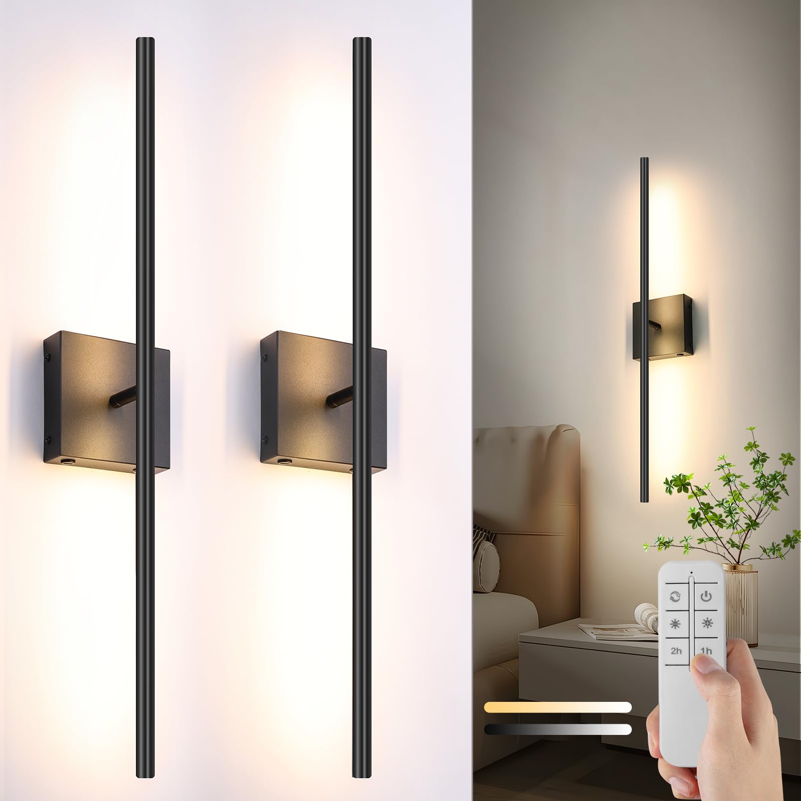 Battery Operated Wall Sconces Set Of 2, 16000Mah Black Rechargeable Wall Sconce With Remote Control, 3000K-6000K Dimmable Led Wireless Wall Light For Living Room, Hallway, Bedroom, Stairs, 29 Inchs