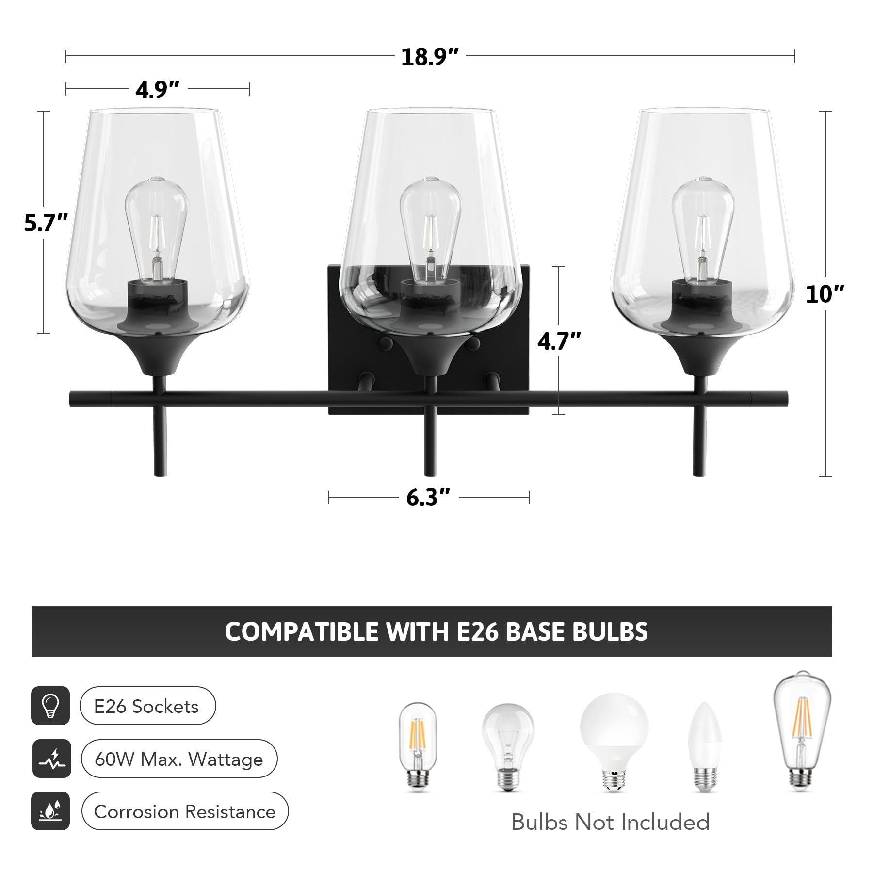 VONLUCE Bathroom Vanity Light Fixture, 3-Light Modern Wall Sconce, Clear Glass, Matte Black, Model HCF2802280300COZ