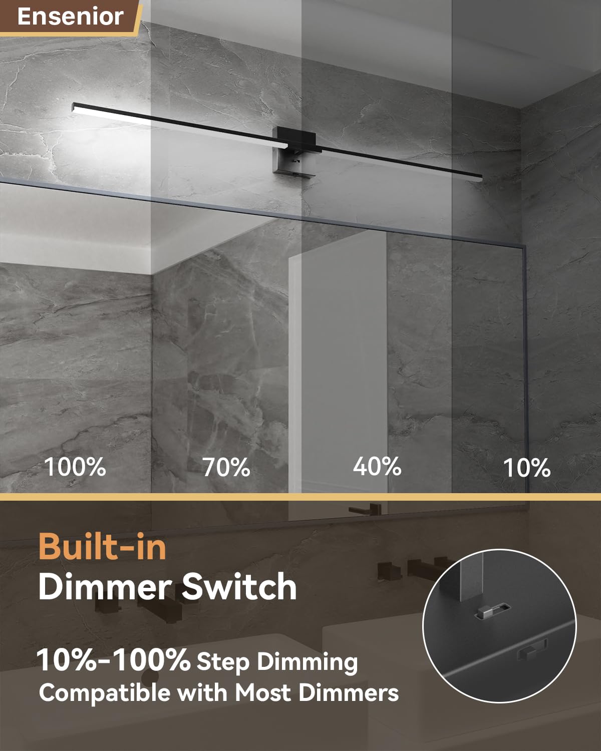 Ensenior Modern Bathroom Vanity Light 48 Inch, Built-In Dimmer, 28W Dimmable 5Cct Led Bathroom Light Fixture Over Mirror, Black