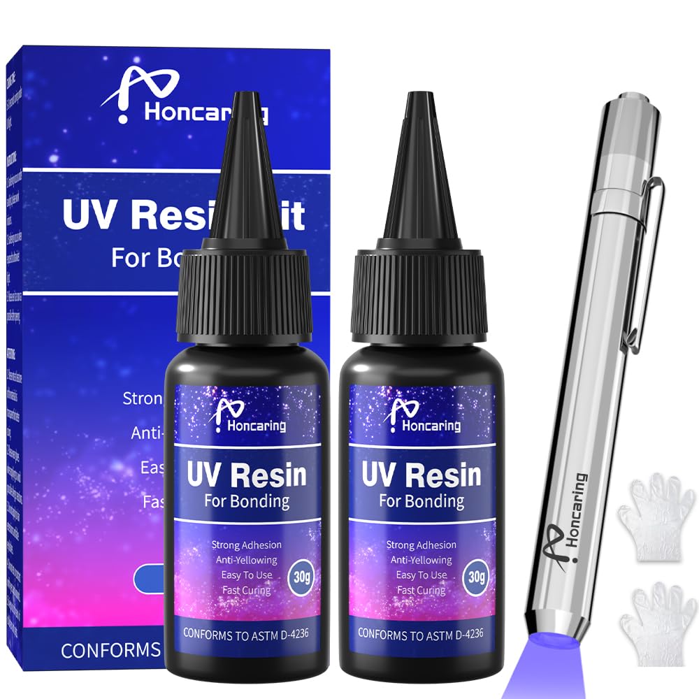 Honcaring UV Resin Kit with Light, 60g/2oz Fast Drying Beginner-Friendly Kit, Bonding & Repairing in Seconds, 30g*2 Clear UV Glu