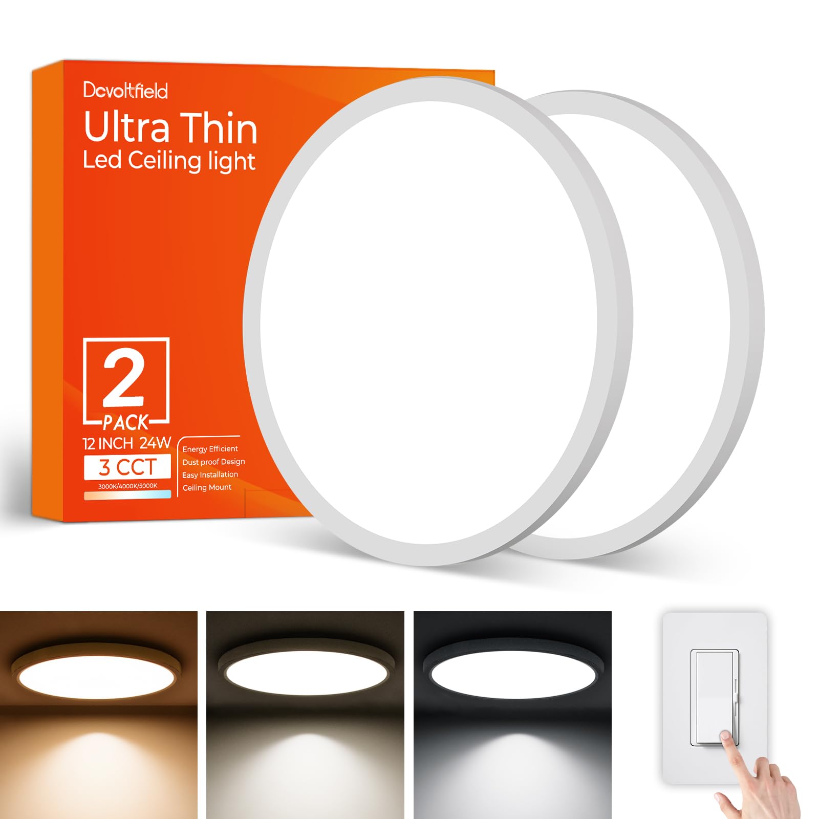 2Pack 12Inch LED Flush Mount Ceiling Light Fixture 24W 2400LM Dimmable CCT 3000K/4000K/5000K Round Flat Panel Light for Bedroom 0.7Inch Thin Modern Low Profile Hardwire Lights for Hallway Porch