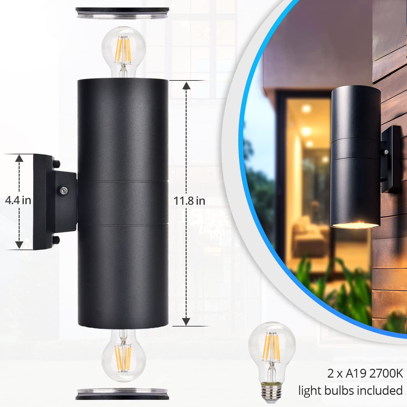 Wowlite Dusk To Dawn Outdoor Light Fixture, Up And Down Lights Outdoor, Waterproof Outdoor Sconce Lights, Modern Cylinder Black Outdoor Light Fixture For House Front Door Garage Etl Listed, 2 Pack