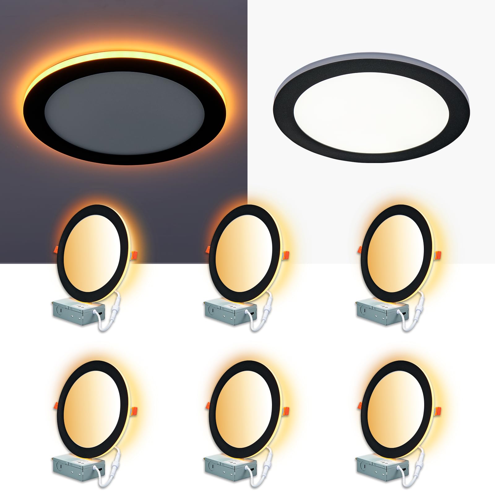 Cycevsun 6-Pack 8 Inch Led Black Recessed Lights With Night Light, Canless Wafer Downlight Ultra Thin, Dimmable & 5Cct Selectable, 15W, 1500Lm, Etl, 120-277V
