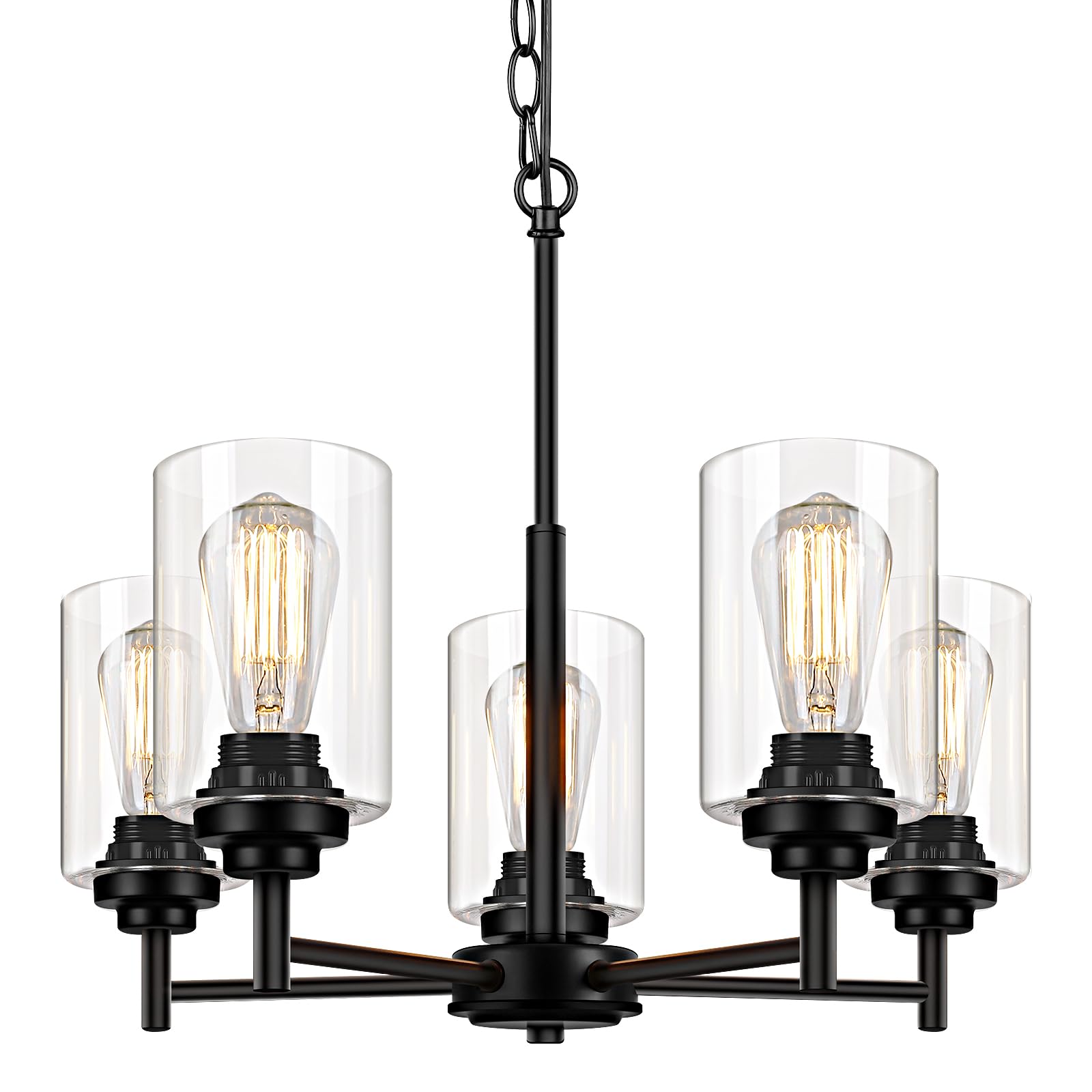 Sucolite 5-Light Black Chandelier, Modern Farmhouse Pendant Lighting With Clear Glass Shades