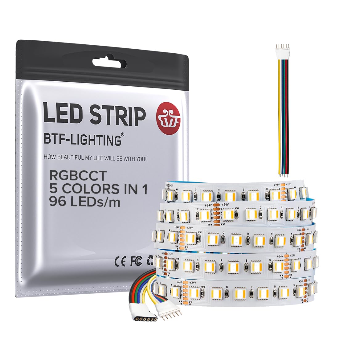 BTF-LIGHTING LED Tape Lights 5050SMD RGBWW Dimmable 16.4ft 480LED White PCB DC24V Model HD-24V-5050-5
