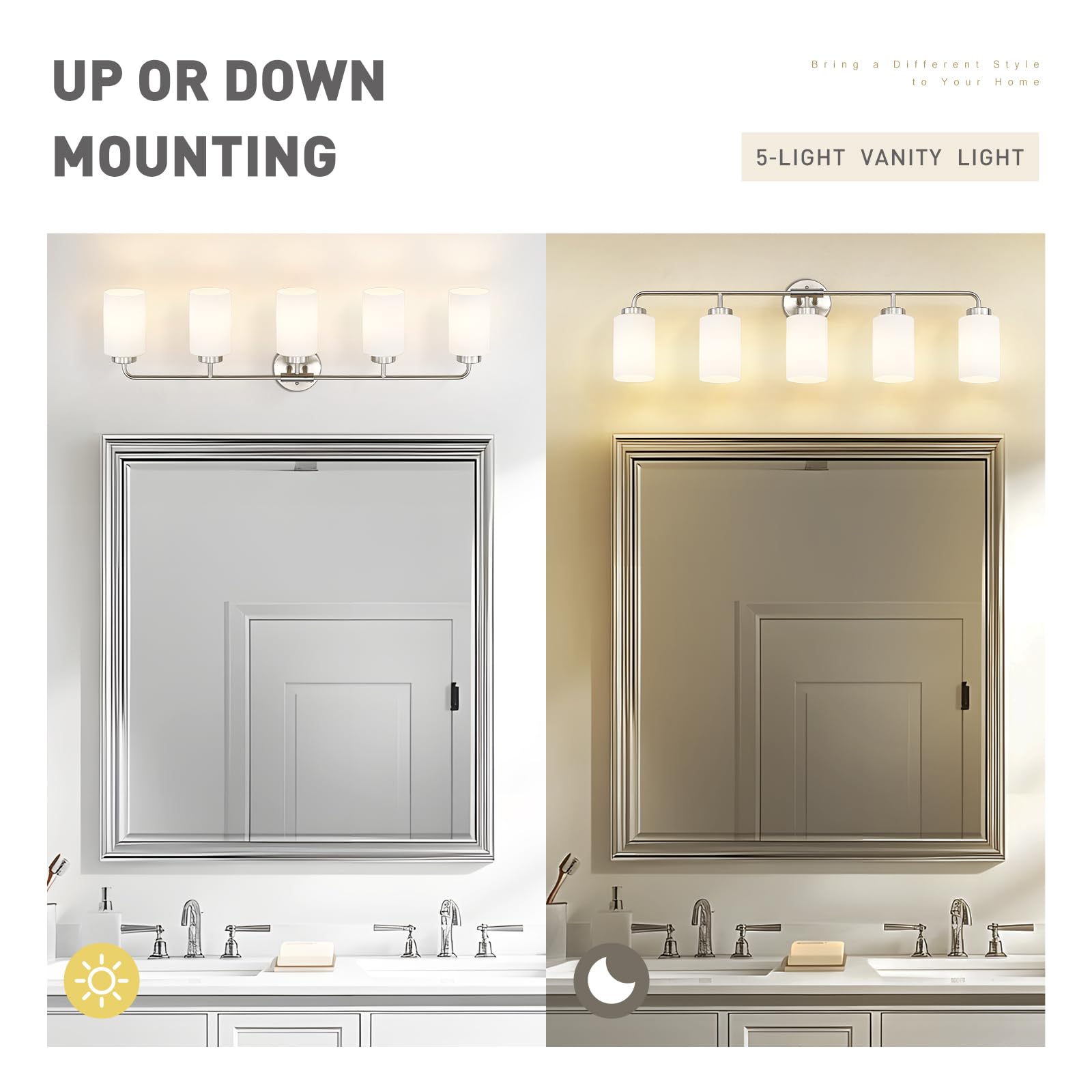 Zeyu Modern Bathroom Wall Sconce  5-Light Wall Mirror Light  Vanity Lighting Over Mirror  Brushed Nickel Finish With Milky White Glass Shade  Zs62B-5W Bn