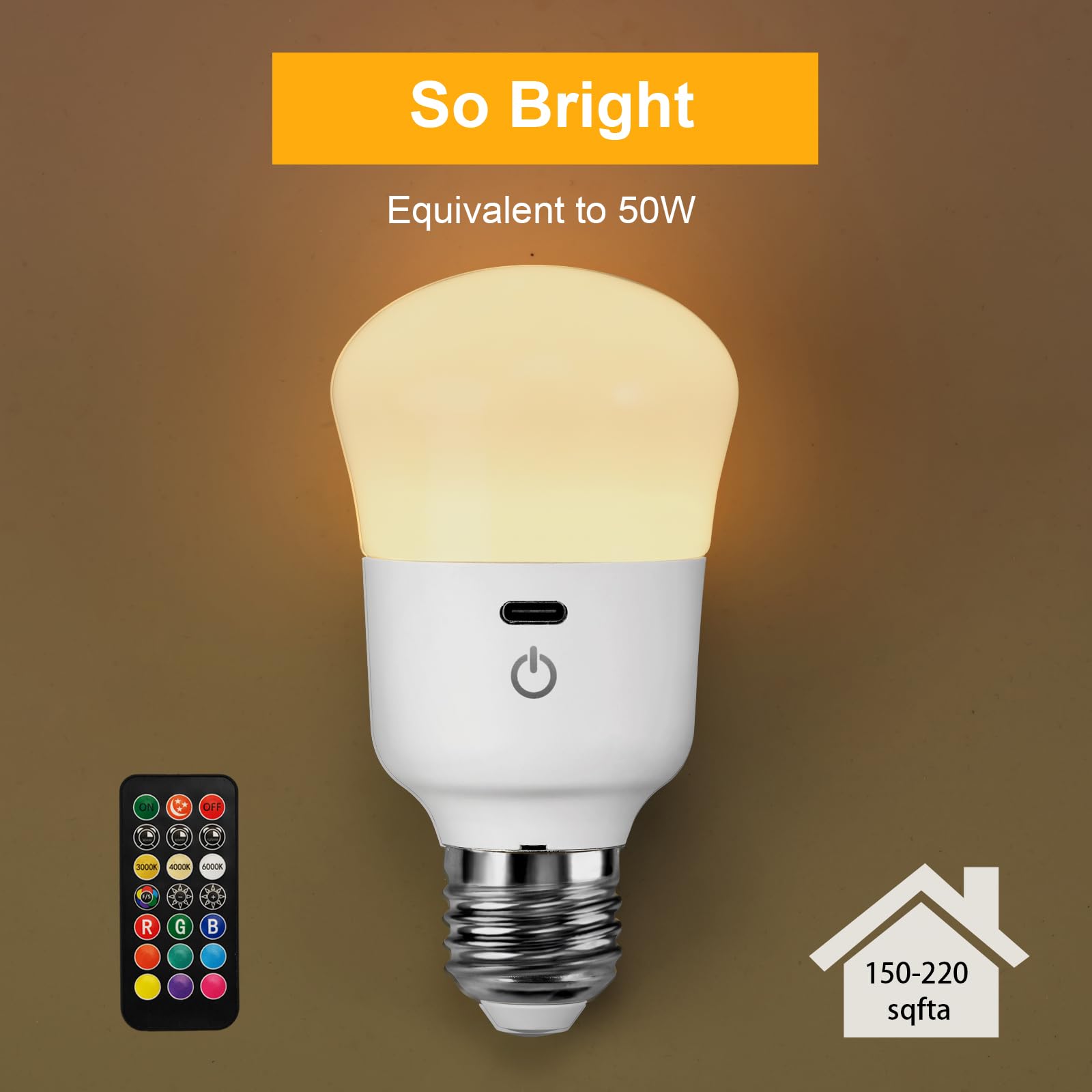 KARTOOSH Rechargeable LED Light Bulb with Remote, 50W Equivalent, 3 Color Temp, 1 Pack, E26 Base, Model ZM215B