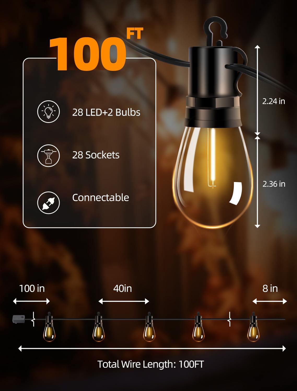 Vozuji Outdoor Patio String Lights: S14 Shatterproof Bulb Outside Waterproof Light - 100Ft 30M Remote Dimmable Connectable Hanging Outdoor Electric Lighting - Garden Backyard Yard Gazebo Porch Party