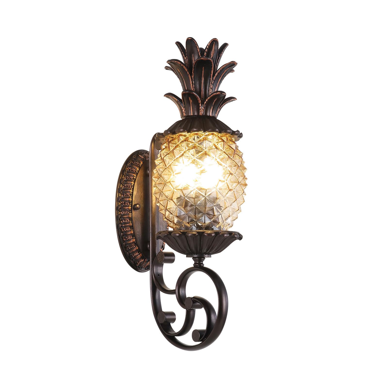 ONEBAO Pineapple Outdoor Wall Sconce, 3-Light E12 Candelabra Base, Waterproof Aluminum Porch Light with Clear Diamond Glass, Tro