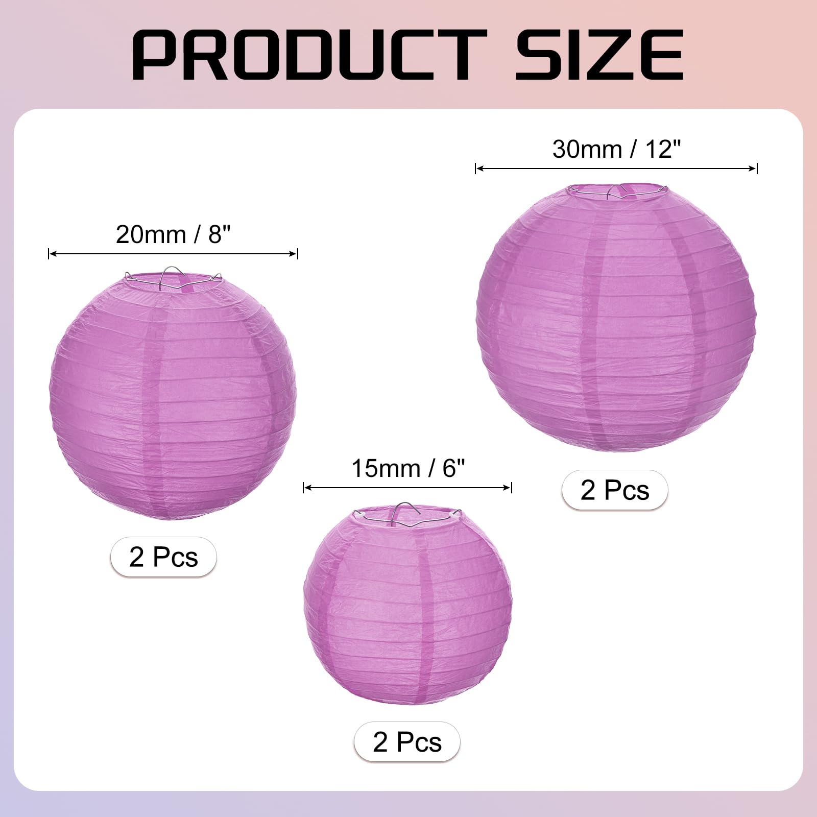 Meccanixity 6Pcs Paper Lanterns Decorative, 6'' 8'' 12'' Purple Round Hanging Lantern Chinese Lanterns For Home Decor, Birthday,