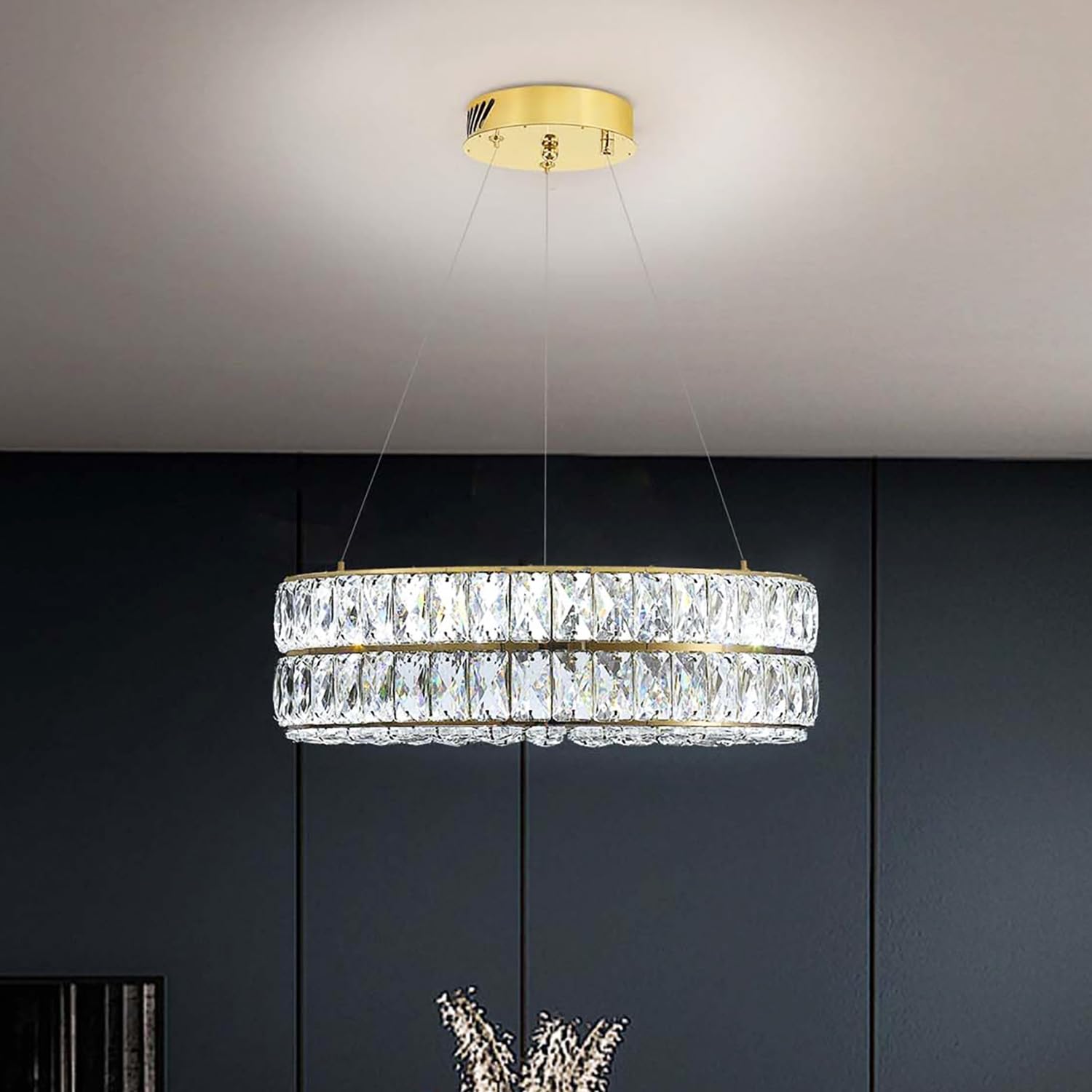 Idequy Led 15.7'' Gold Ring Crystal Chandelier, Modern Dimmable Chandeliers Lighting And Hanging Adjustable, Led Round Ceiling L