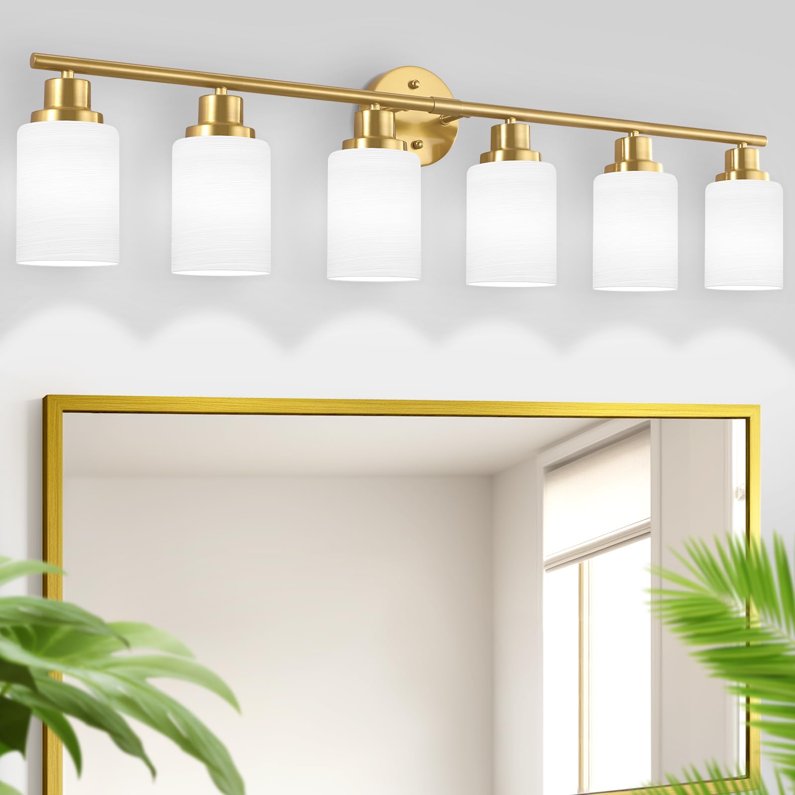 Guliaofo 6-Light Gold Bathroom Light Fixture, Bathroom Vanity Light Fixture Over Mirror, Bathroom Wall Lights With Milky White F