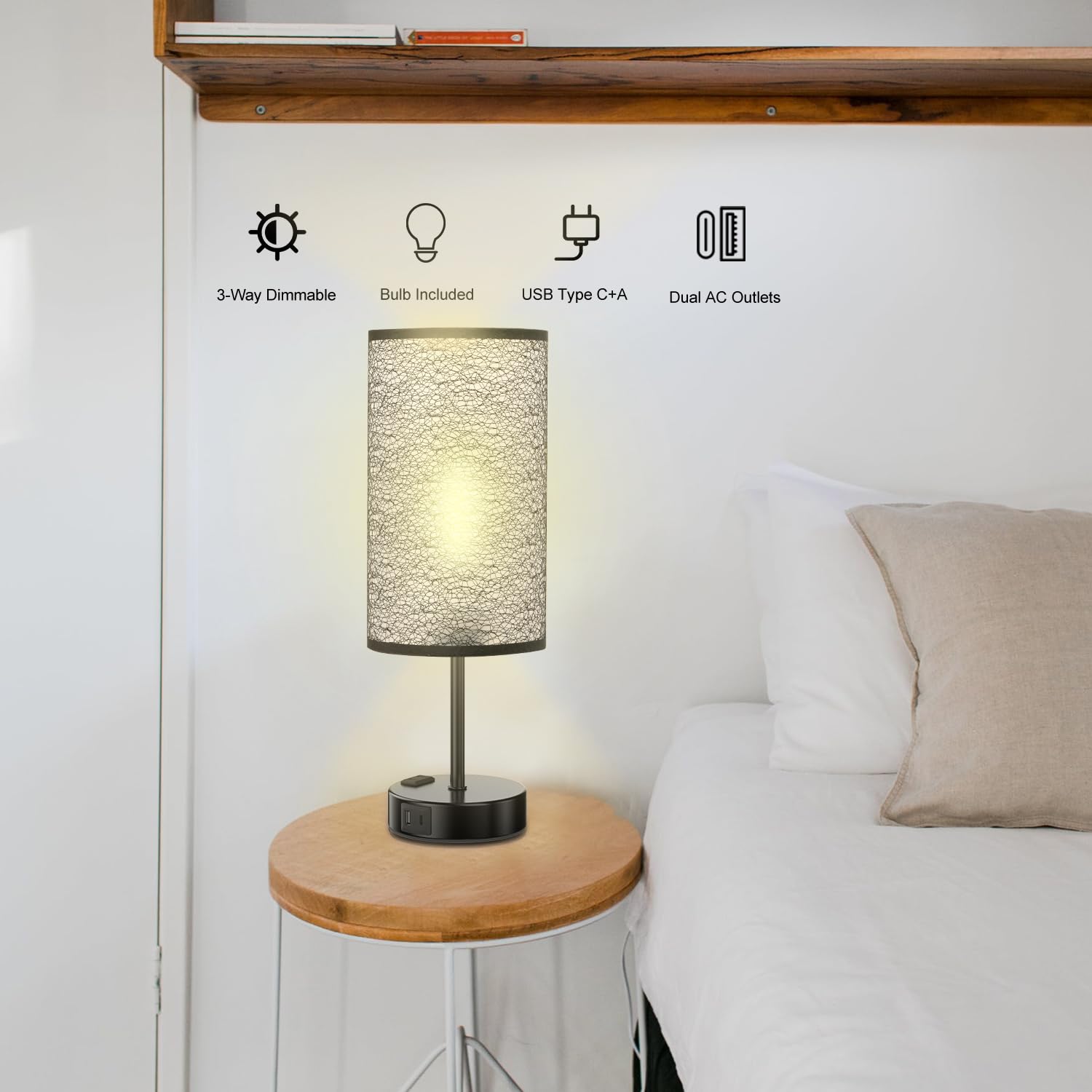 YIDPU Table Lamp with Touch Control, USB C+A Ports, 3-Color LED Light, Fabric Shade, Black, 1PCS, Model 1