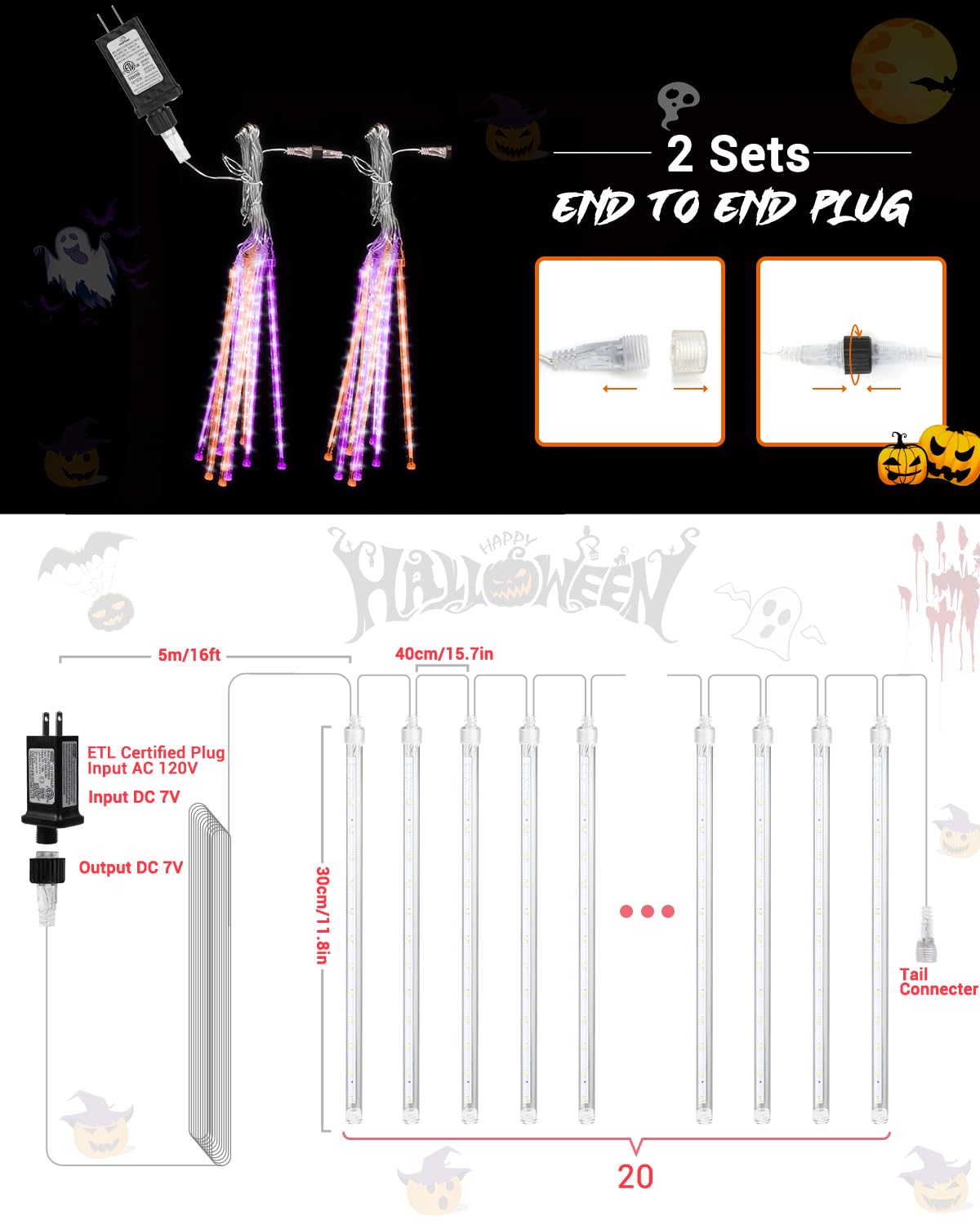 Flacchi Halloween Lights Outdoor 20 Tubes 480 LED Raindrop Lights, Orange and Purple, with Timer Function, Model SSL0480-C-D-7V