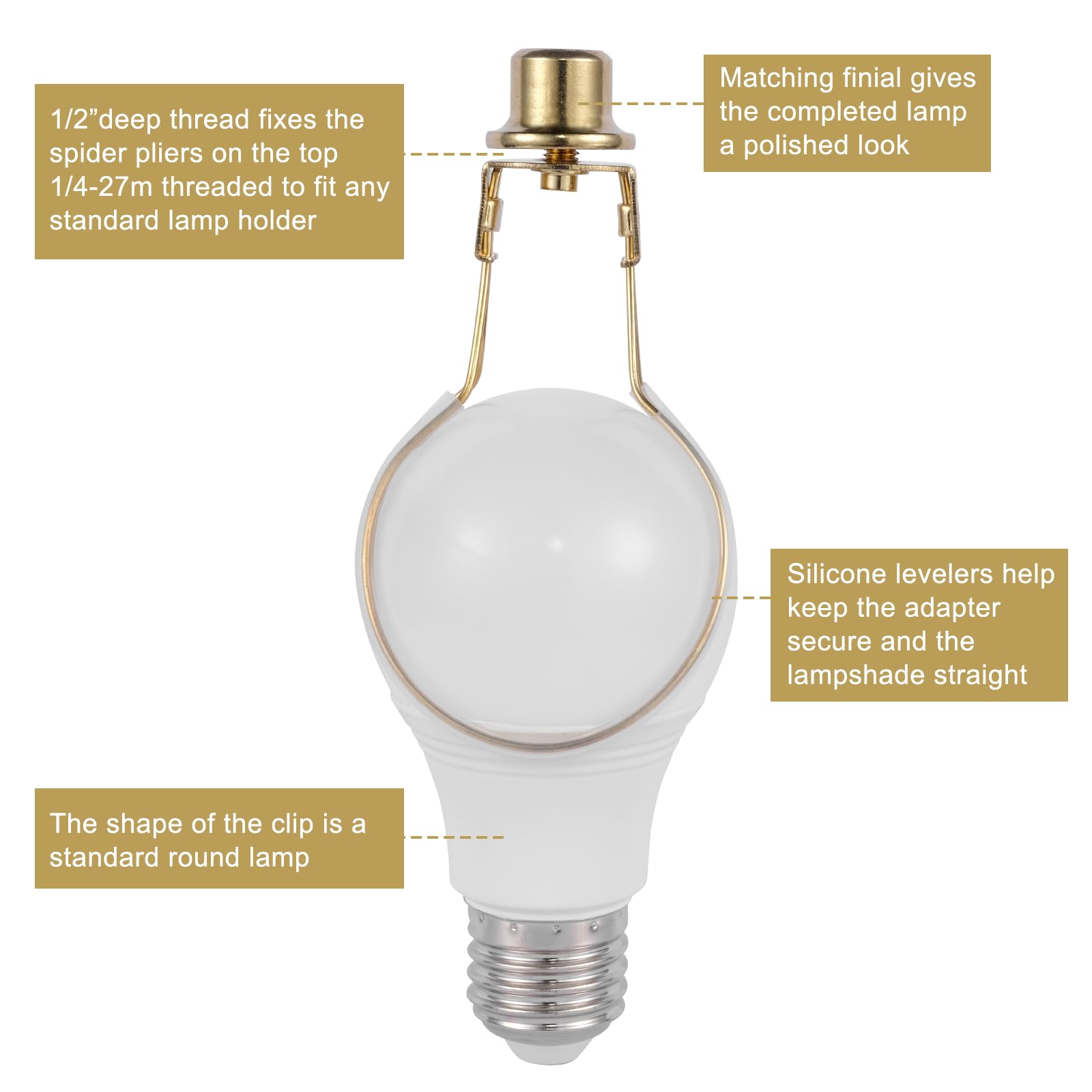 Lamp Shade Holder,Lamp Shade Light Bulb Clip Adapter,Clip On Lampshade Adapter Includes Finial And Lampshade Levellers,Spring Clip For Light Bulb (Gold)