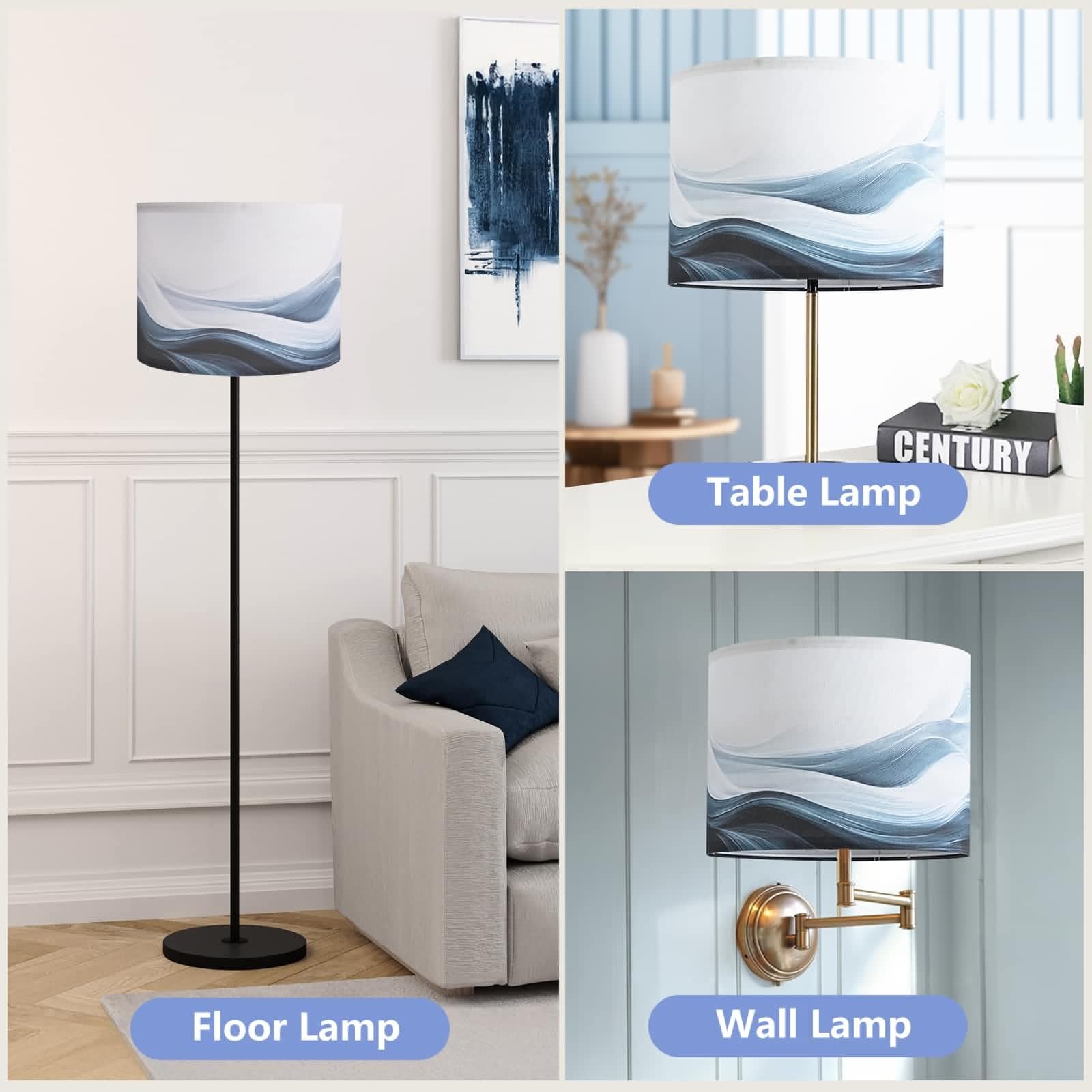 Haultop Lamp Shades For Table Lamps, 13X13X10In Fabric Blue Lamps Shades With Waves And Oceans, 1 Pack Lamps Shades, Drum Lamp S