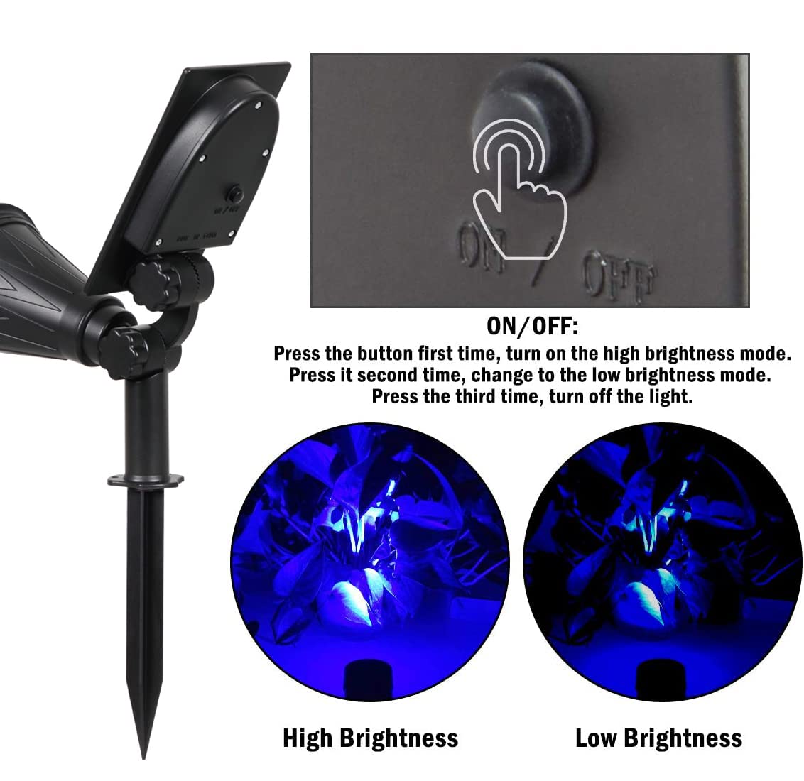 T-SUNUS Blue Solar Garden Spotlights, Waterproof IP65, 2 Pack, Auto-on/Off, 2 Modes for Outdoor Use