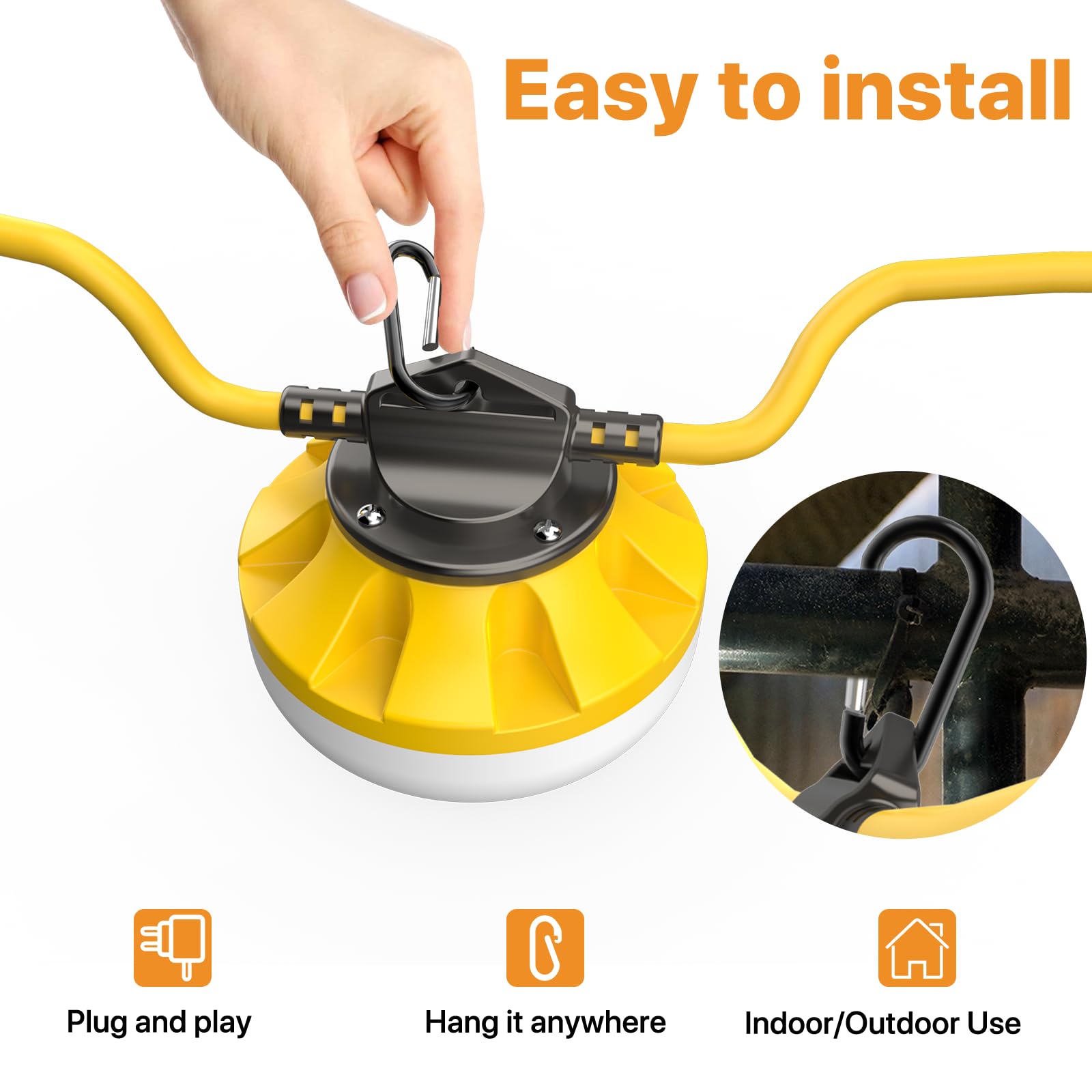 50Ft Construction String Lights: 50W String Work Lights With 5 Bulbs & Hooks, Ip65 Temporary Construction Lighting 5000K Linkable Hanging Work Light For Attic, Crawlspace, Basement, Backyard