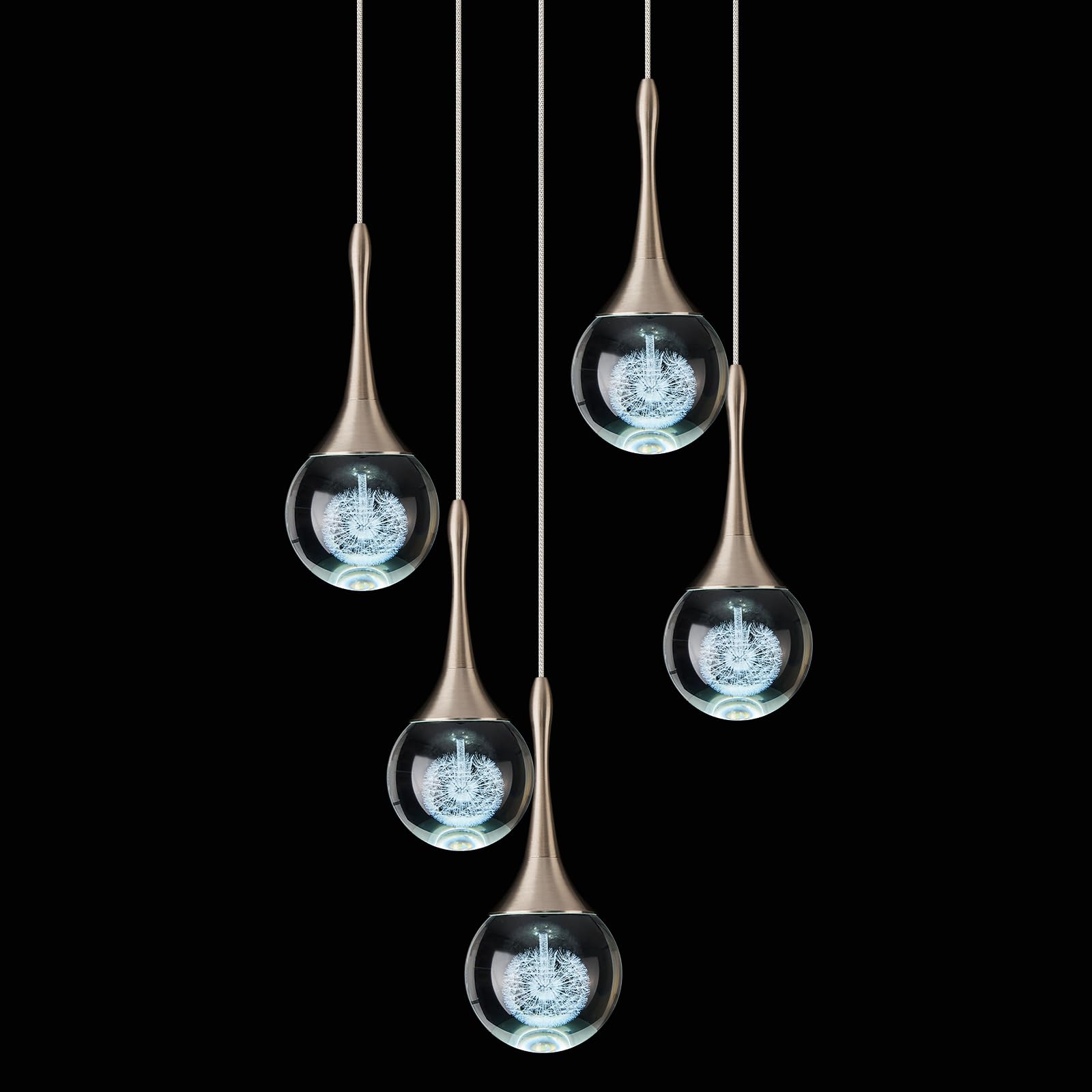 5 Lights Crystal Pendant Light  Brushed Nickel 25W Dimmable LED Teardrop Cluster Pendant Lighting Fixture for Dining Room Over Kitchen Island Bathroom Room Foyer Hallway Bedroom 6000k Cold White