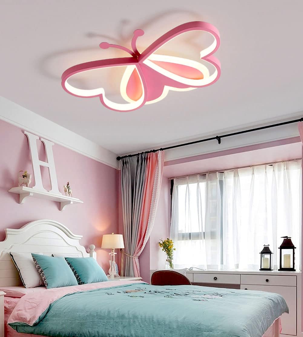 Bdxky Led Ceiling Light Fixture Modern Kids Room Flush Mount Dimmable With Remote 36W Pink Butterfly Ceiling Lamp For Girl Boy B
