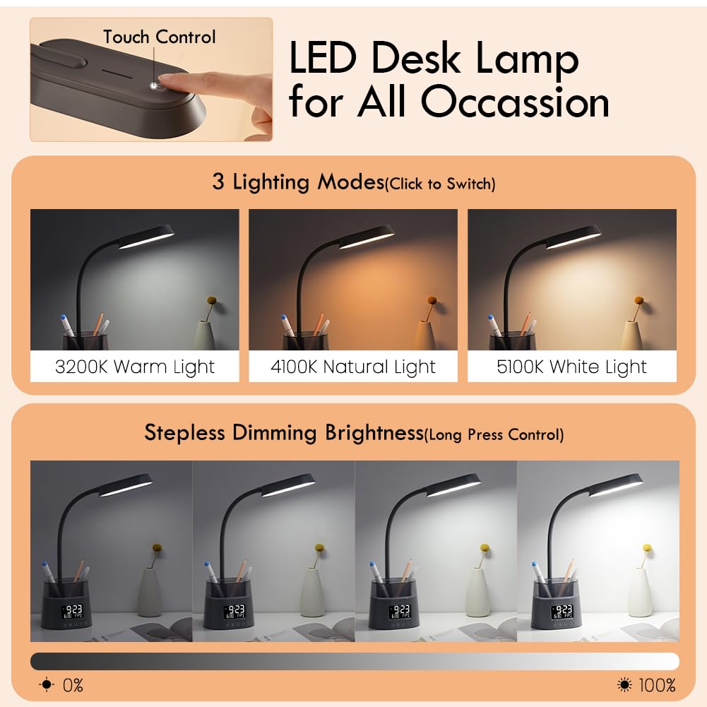 Wilit Led Desk Lamp For College Dorm Room Essentials, Students Study Lamp With Charging Station, Pen Holder, Clock & Rgb Night L