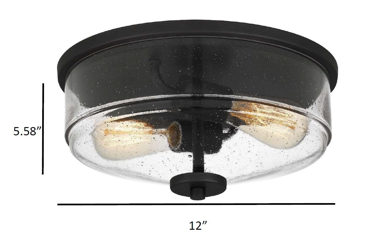 Tawson Noah Modern Farmhouse 2-Light Flush Mount Ceiling Light With Seeded Glass Shade In Black Finish For Hallway, Entryway, Passway, Dining, Bedroom, Garage, Living Room