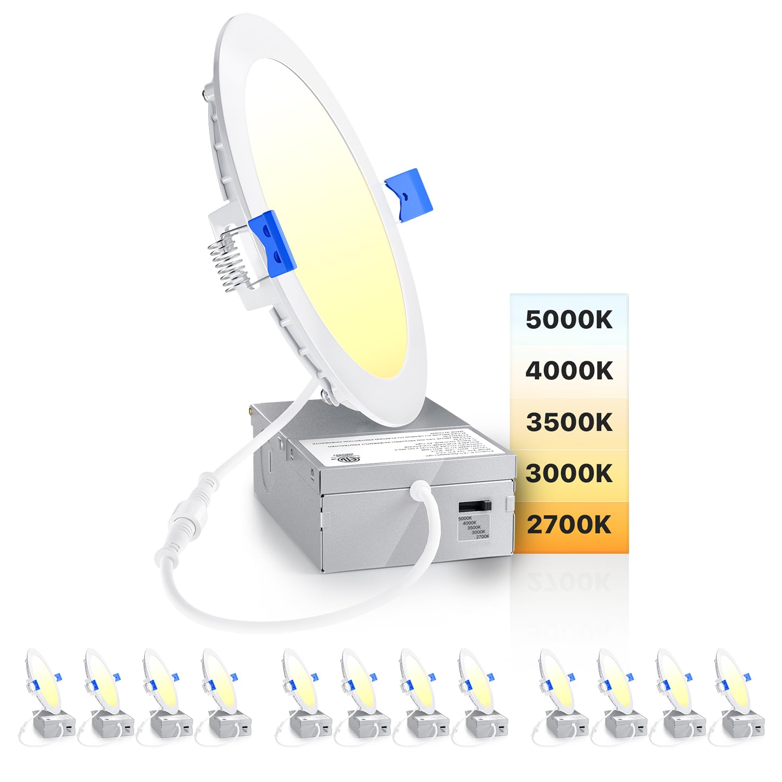 Ensenior 12 Pack 6 Inch Ultra-Thin LED Recessed Light with Junction Box, 2700K/3000K/3500K/4000K/5000K Selectable, 12W 110W Eqv, Dimmable, 1050LM High Brightness - ETL and Energy Star Certified
