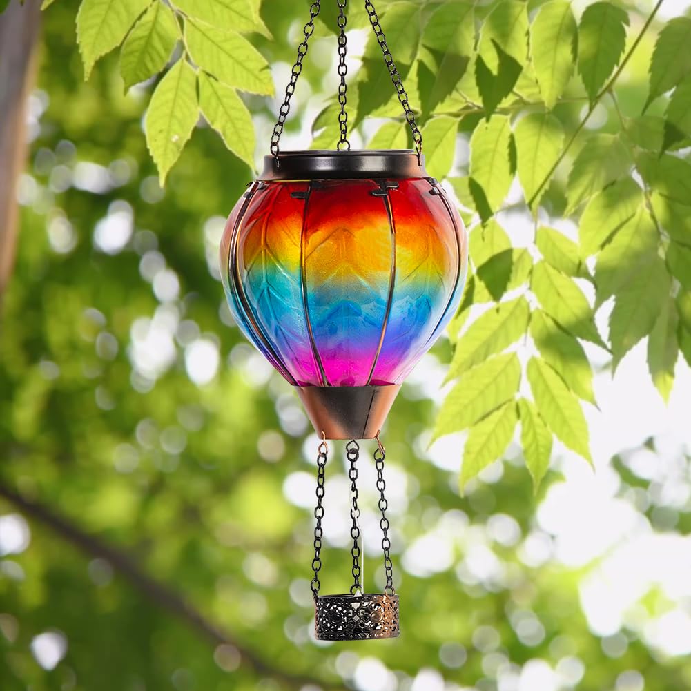 Starsoul Solar Lantern - 2 PC Rainbow Hot Air Balloon, Waterproof Glass, Colorful Outdoor Hanging Light for Garden Patio Party Decorations