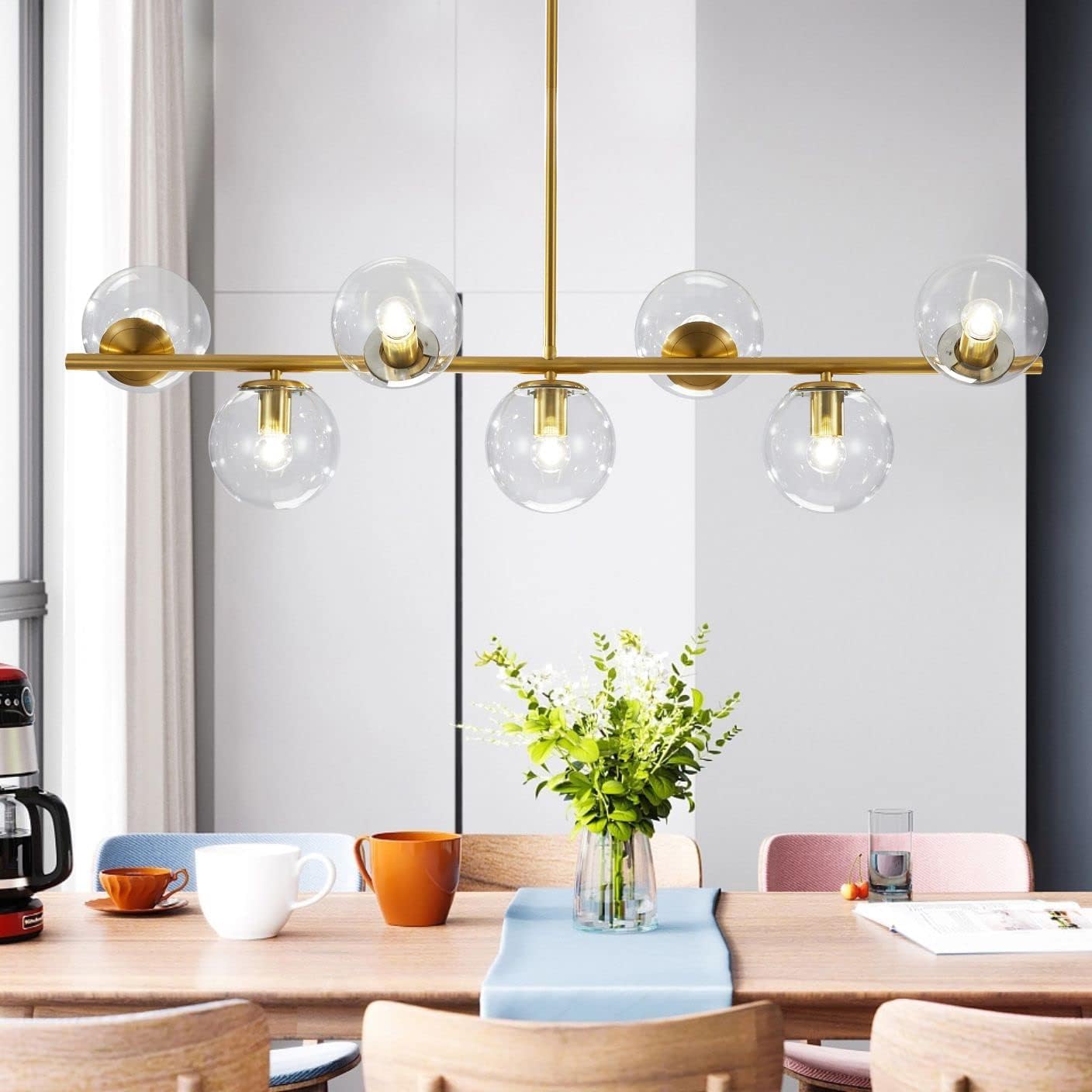KCO 7-Light Sputnik Chandelier, Brass & Clear Glass, Modern Pendant Lighting for Kitchen Island, Dining Room, Model L1043-GC